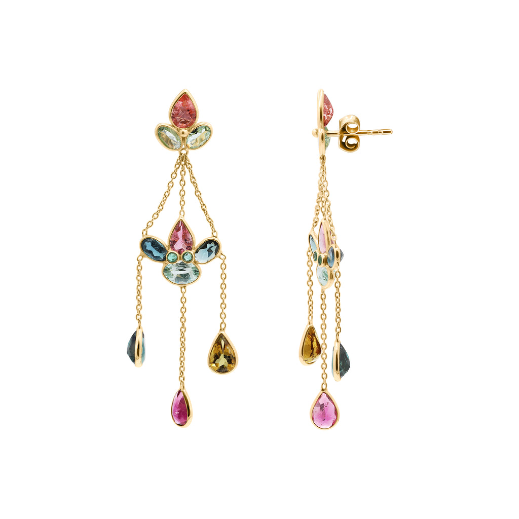 Handmade 18k Gold Natural Multi Tourmaline Gemstone Drop Earrings