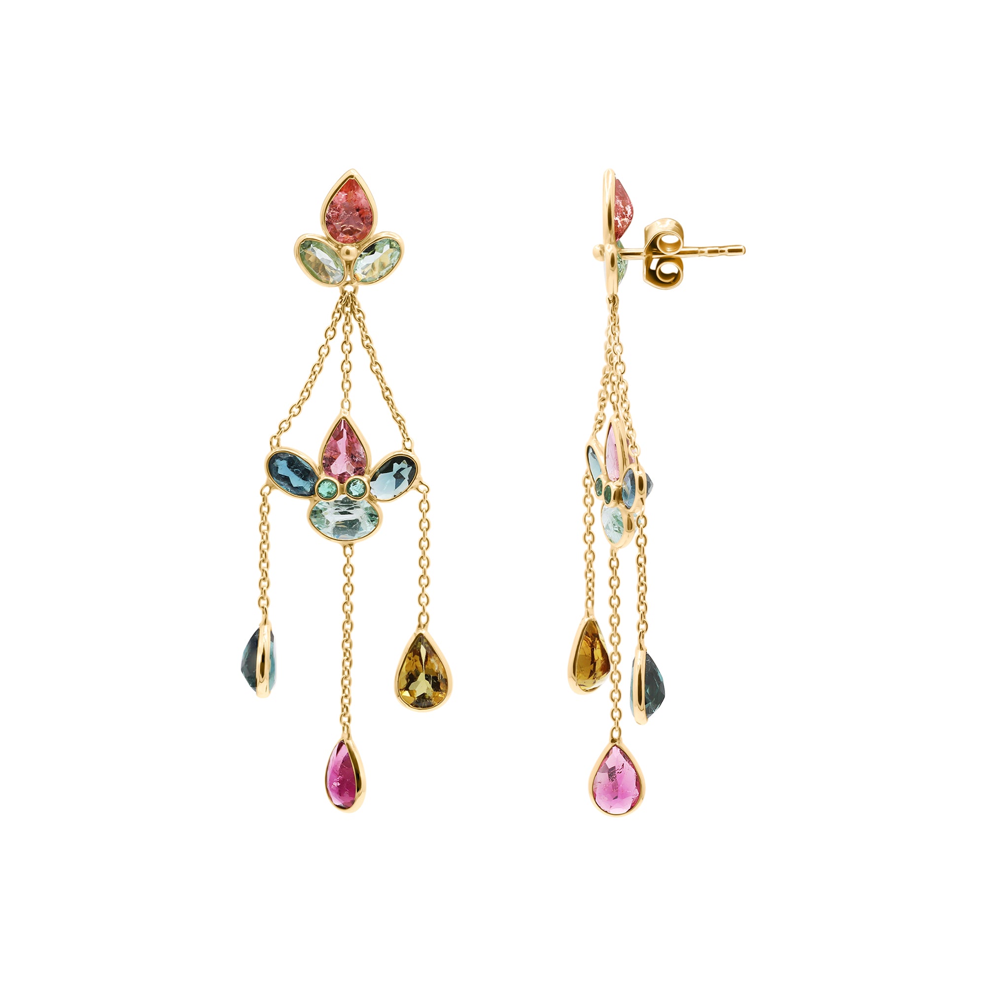 Handmade 18k Gold Natural Multi Tourmaline Gemstone Drop Earrings