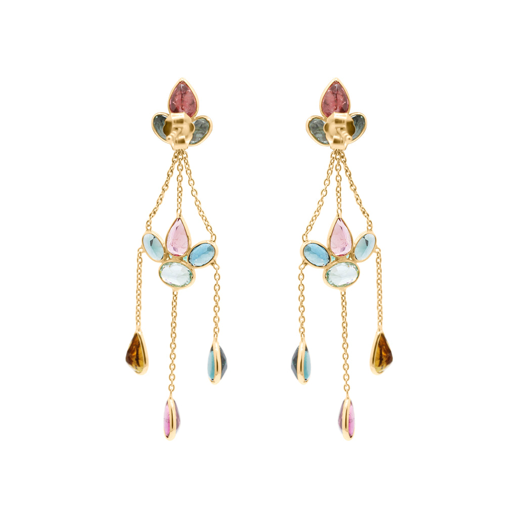 Handmade 18k Gold Natural Multi Tourmaline Gemstone Drop Earrings