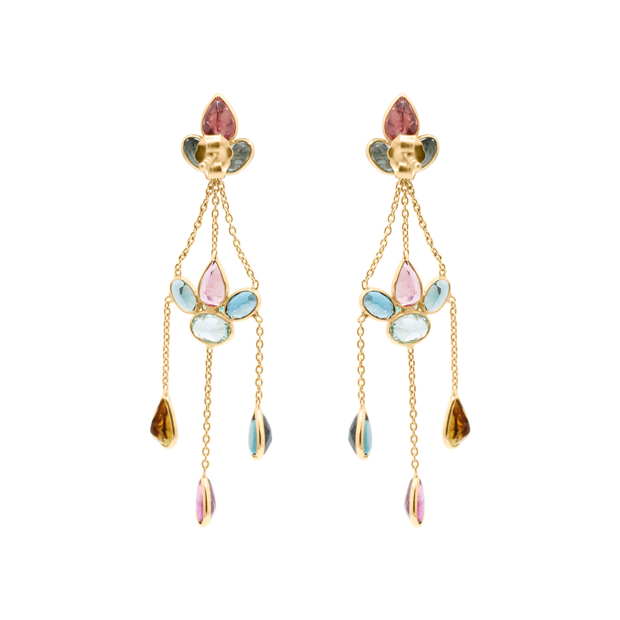 Handmade 18k Gold Natural Multi Tourmaline Gemstone Drop Earrings