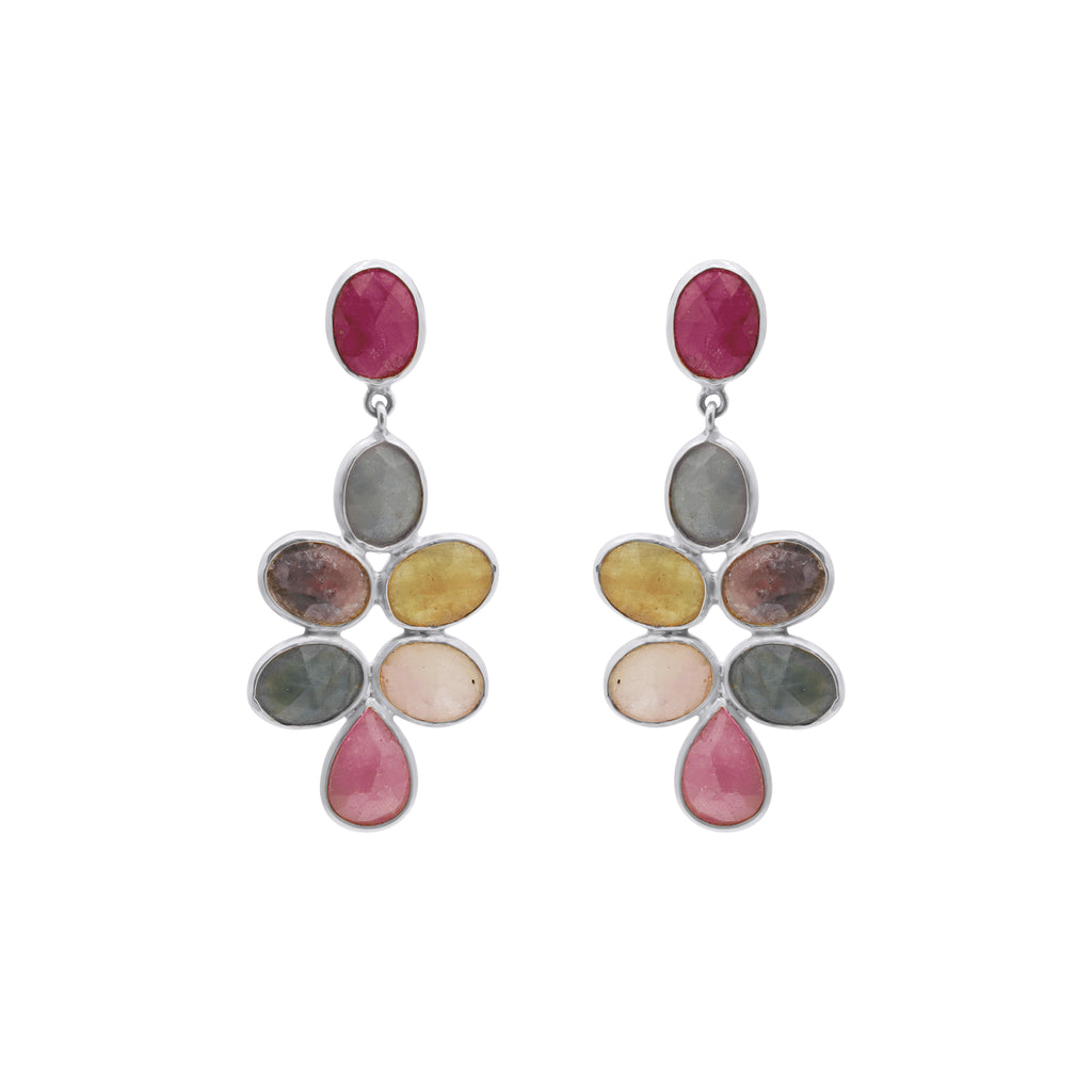 Natural Ruby And Multi Sapphire Gemstone Drop Earring In 14k Gold