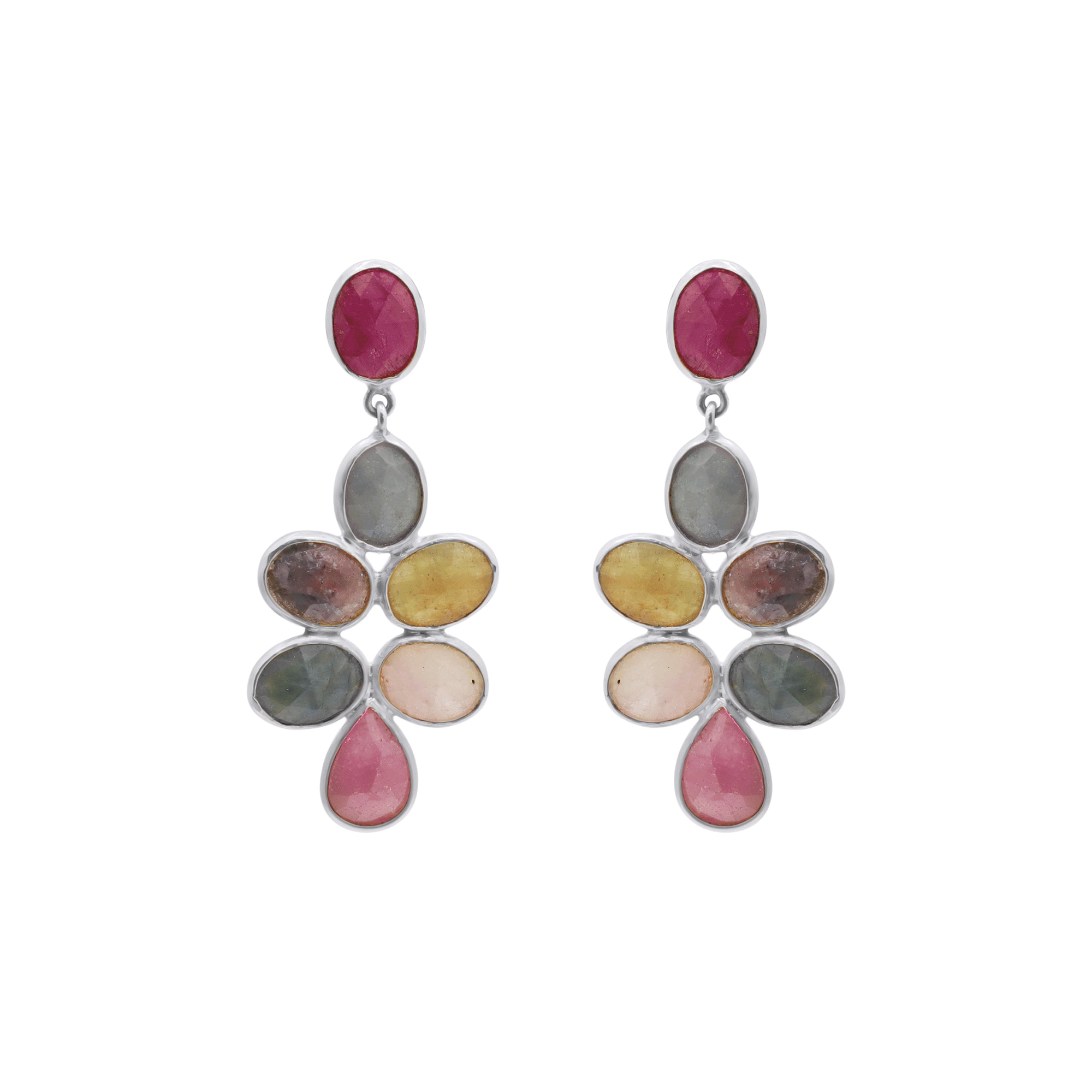 Natural Ruby And Multi Sapphire Gemstone Drop Earring In 14k Gold