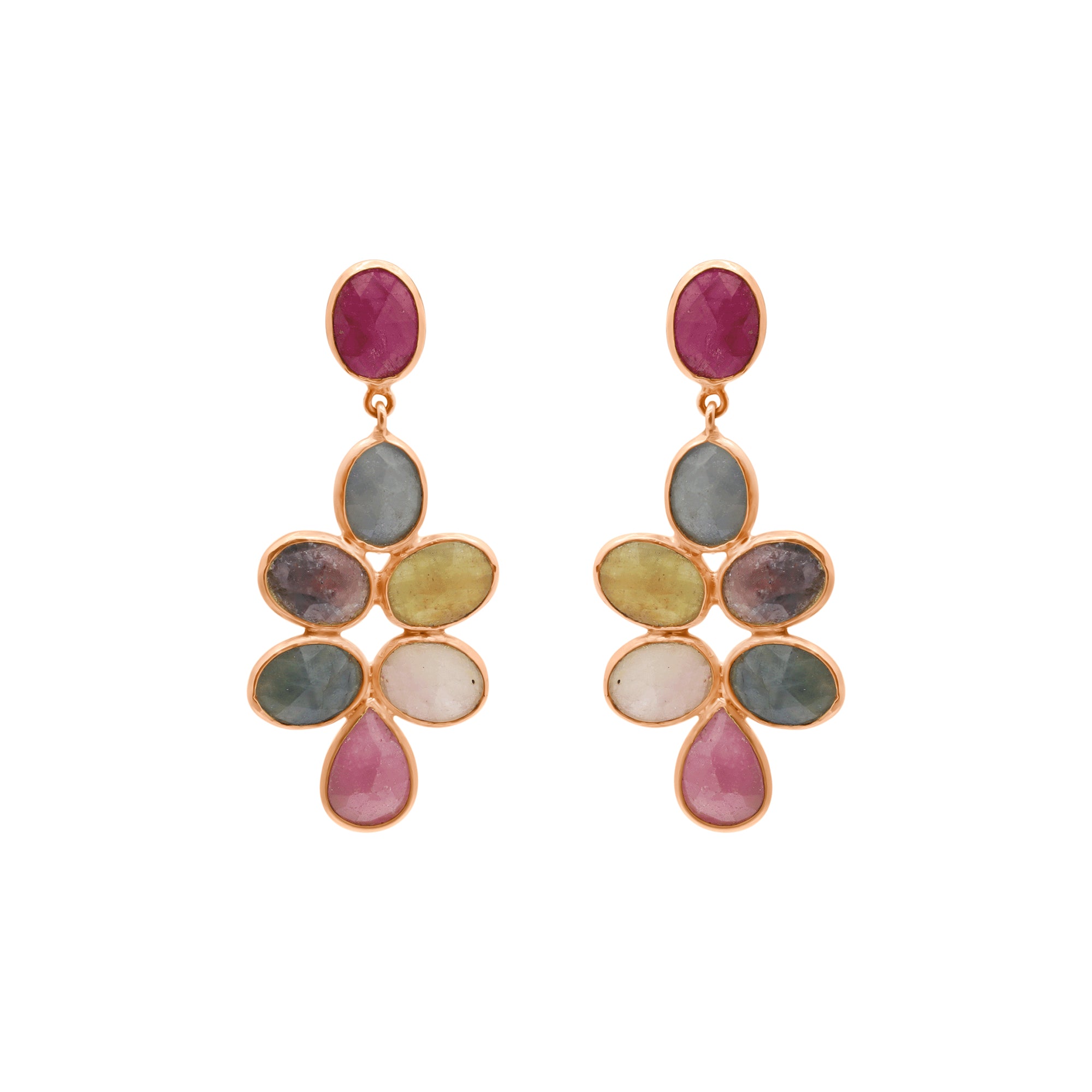 Natural Ruby And Multi Sapphire Gemstone Drop Earring In 14k Gold