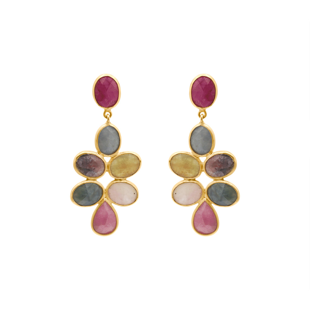 Natural Ruby And Multi Sapphire Gemstone Drop Earring In 14k Gold