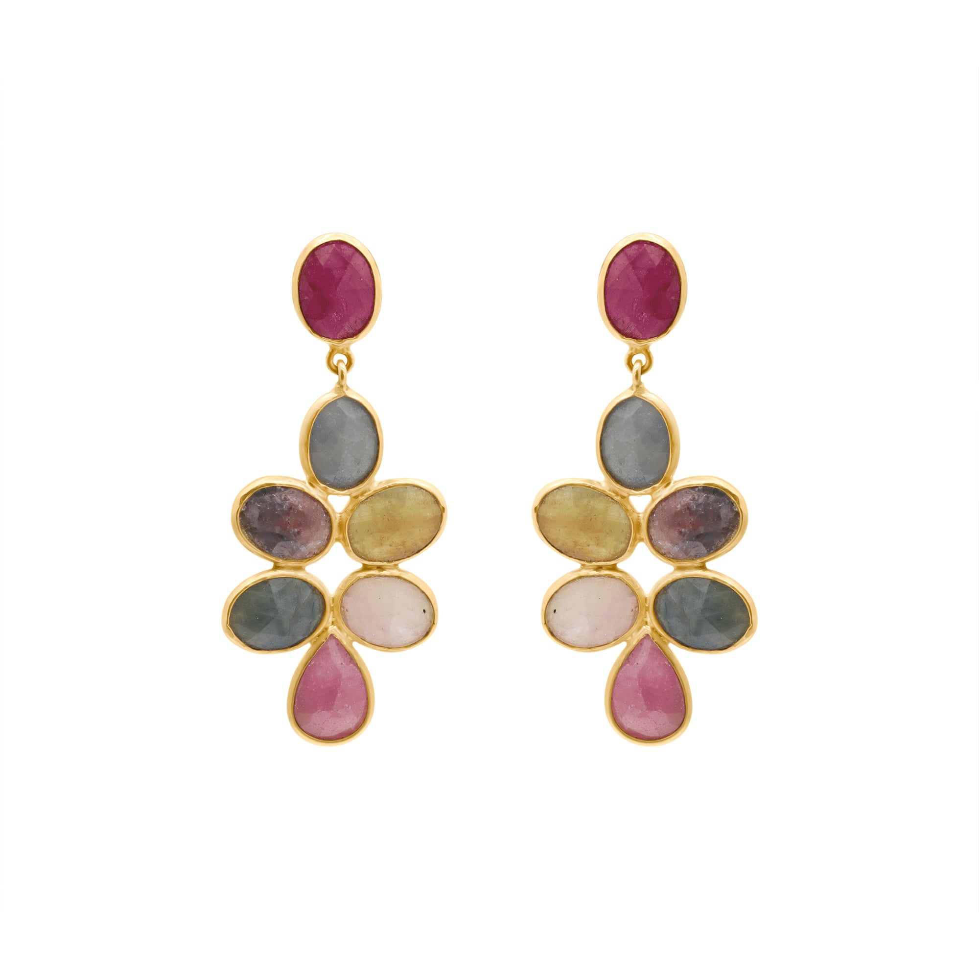 Natural Ruby And Multi Sapphire Gemstone Drop Earring In 14k Gold