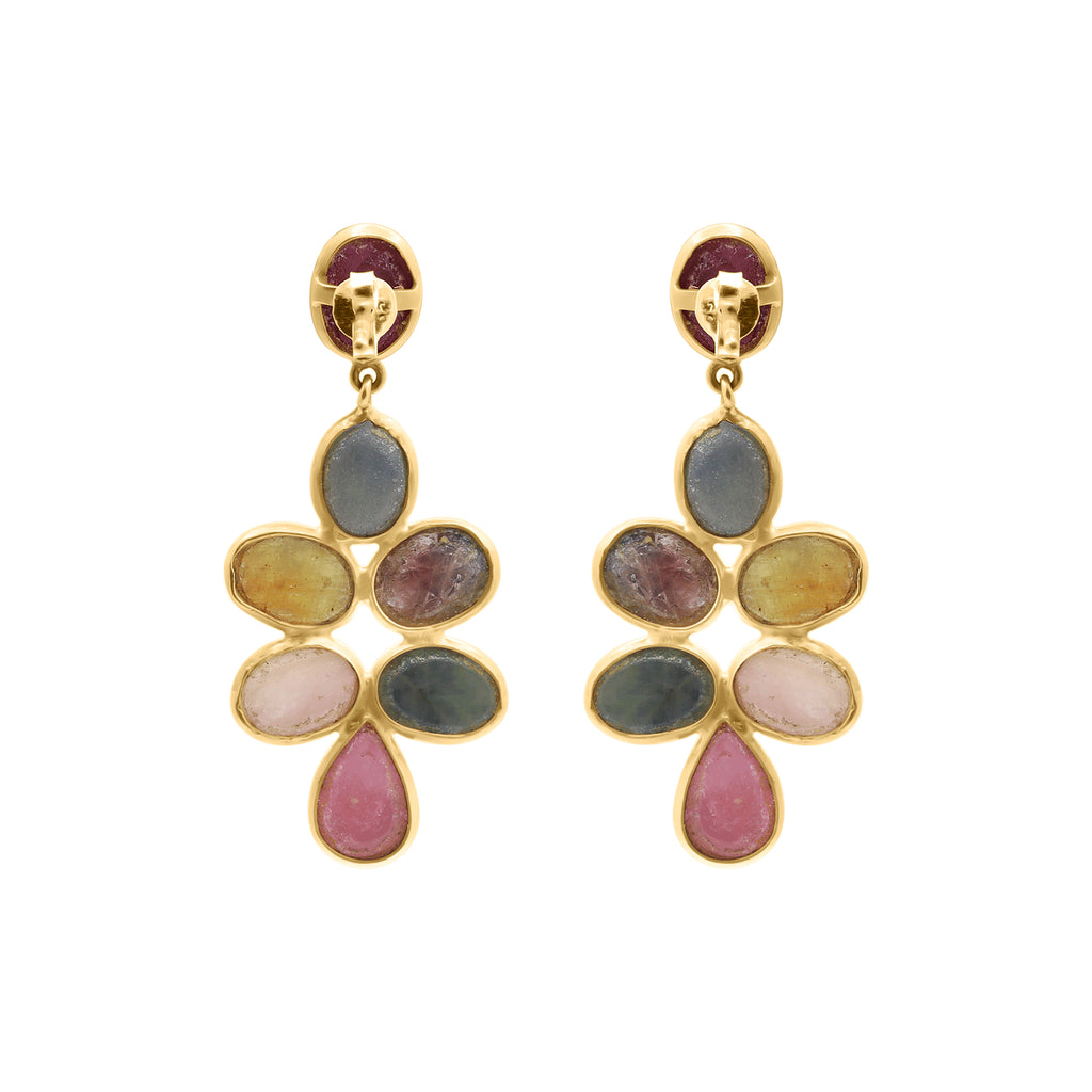 Natural Ruby And Multi Sapphire Gemstone Drop Earring In 14k Gold