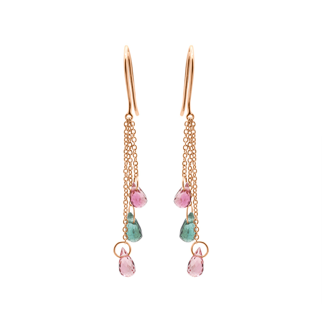 Natural Multi Tourmaline Gemstone Drop Handmade Earrings In 18k Gold