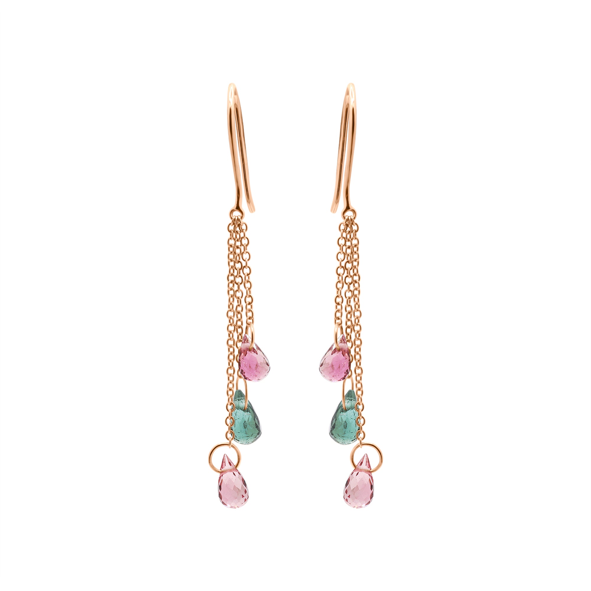 Natural Multi Tourmaline Gemstone Drop Handmade Earrings In 18k Gold