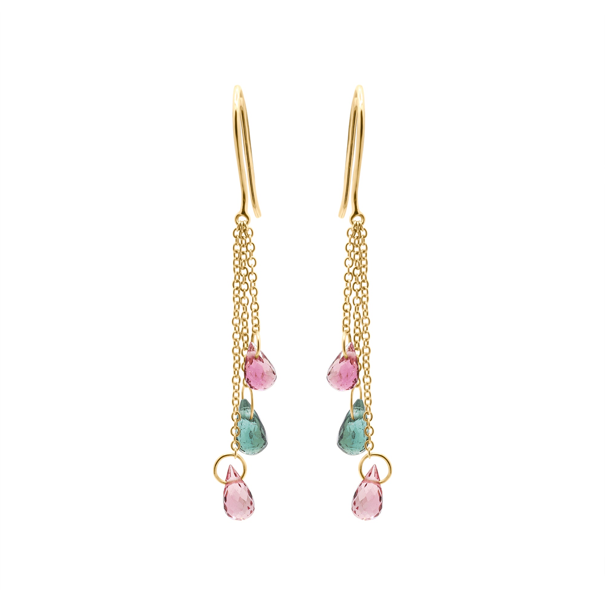 Natural Multi Tourmaline Gemstone Drop Handmade Earrings In 18k Gold