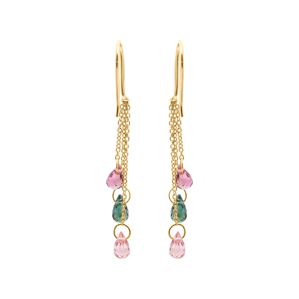 Natural Multi Tourmaline Gemstone Drop Handmade Earrings In 18k Gold