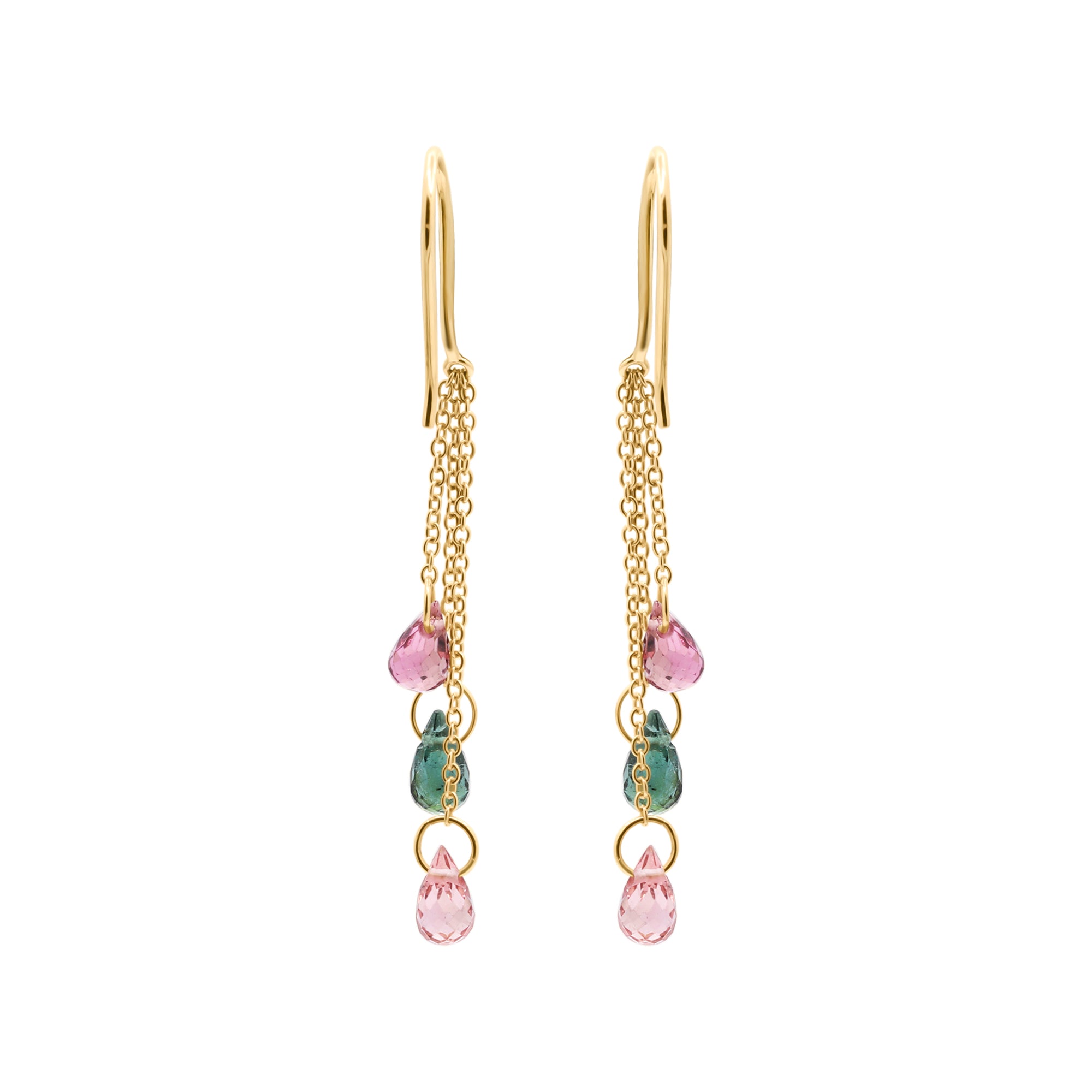Natural Multi Tourmaline Gemstone Drop Handmade Earrings In 18k Gold