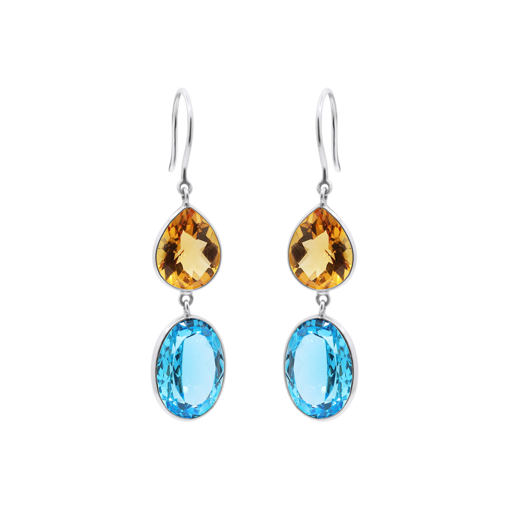 Natural Citrine And Blue Topaz Drop Gemstone Earrings In 18k Gold