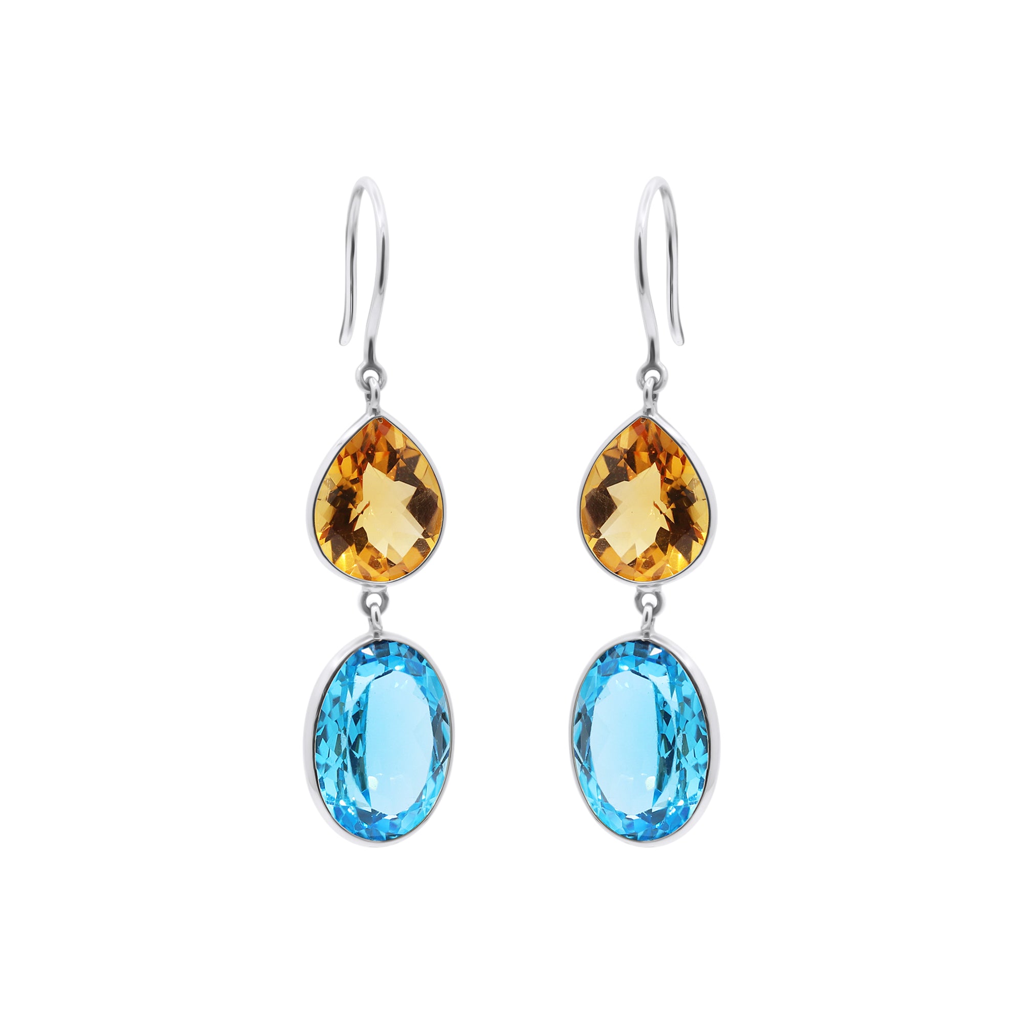 Natural Citrine And Blue Topaz Drop Gemstone Earrings In 18k Gold