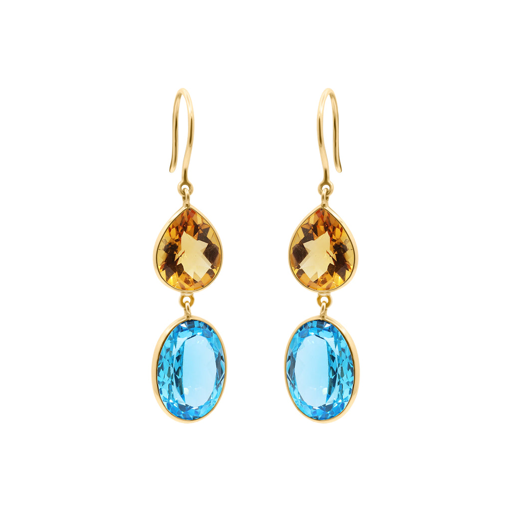Natural Citrine And Blue Topaz Drop Gemstone Earrings In 18k Gold