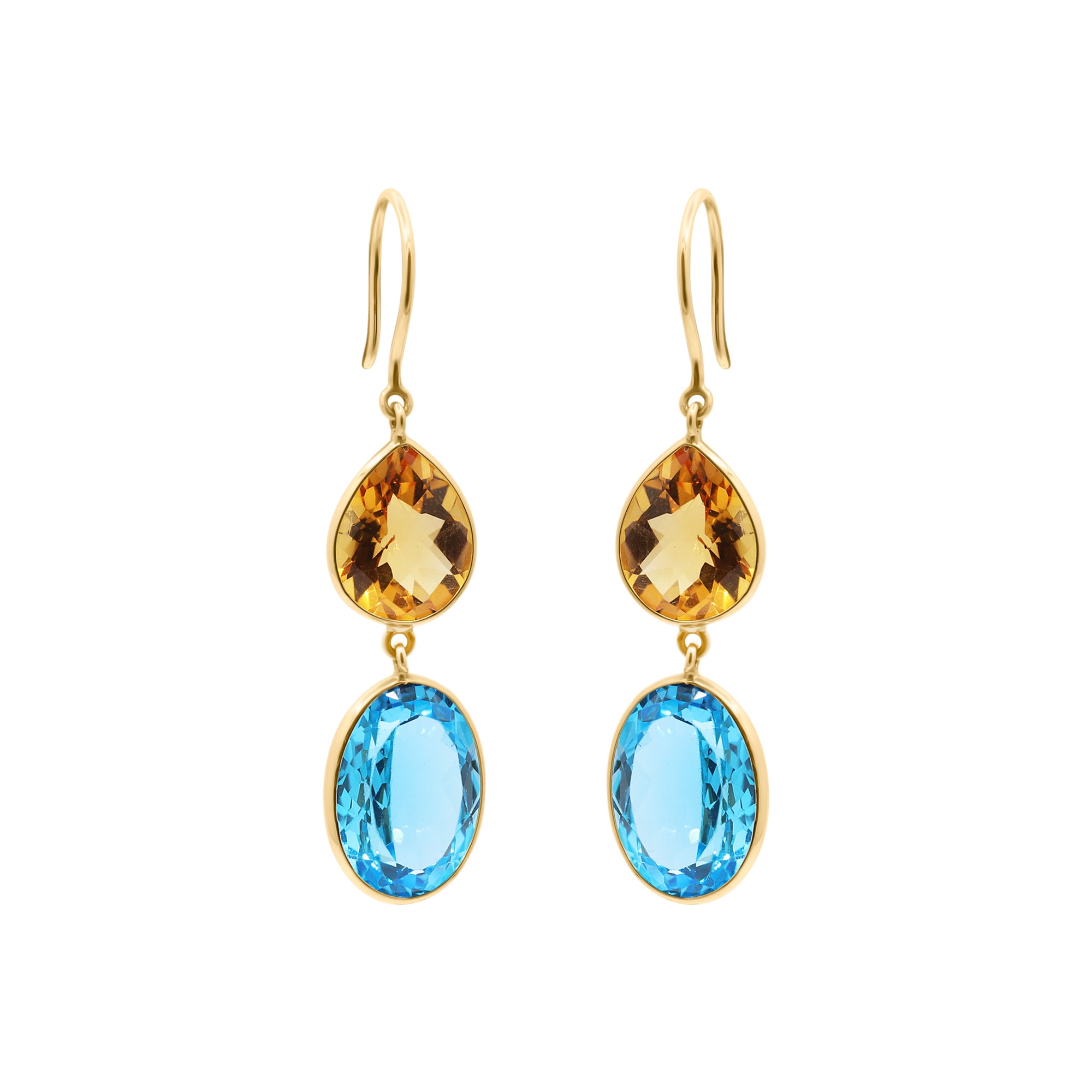 Natural Citrine And Blue Topaz Drop Gemstone Earrings In 18k Gold