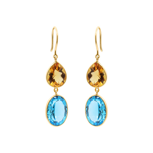 Natural Citrine And Blue Topaz Drop Gemstone Earrings In 18k Gold