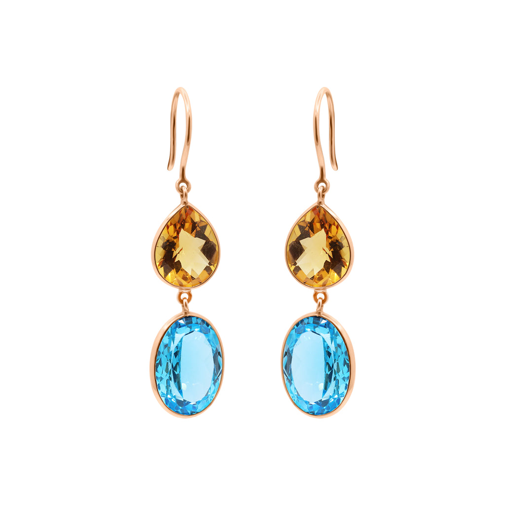 Natural Citrine And Blue Topaz Drop Gemstone Earrings In 18k Gold