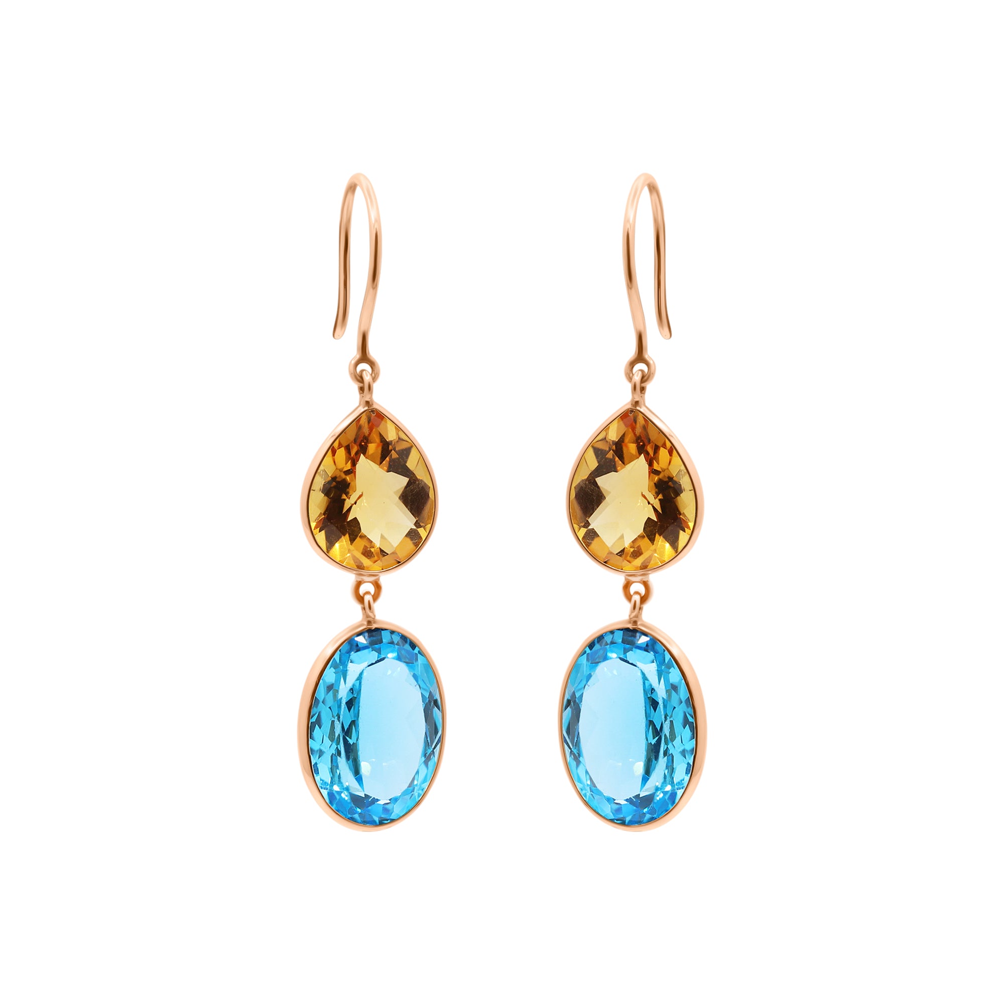 Natural Citrine And Blue Topaz Drop Gemstone Earrings In 18k Gold