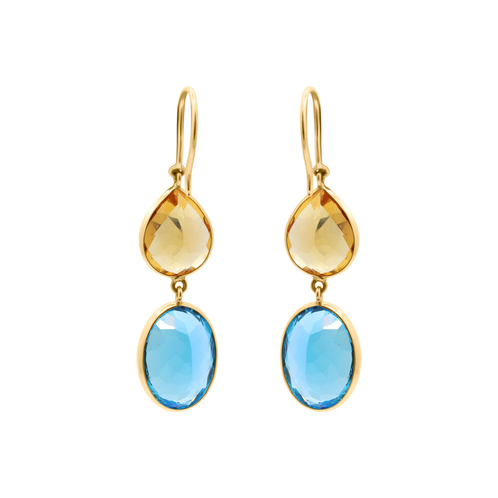 Natural Citrine And Blue Topaz Drop Gemstone Earrings In 18k Gold
