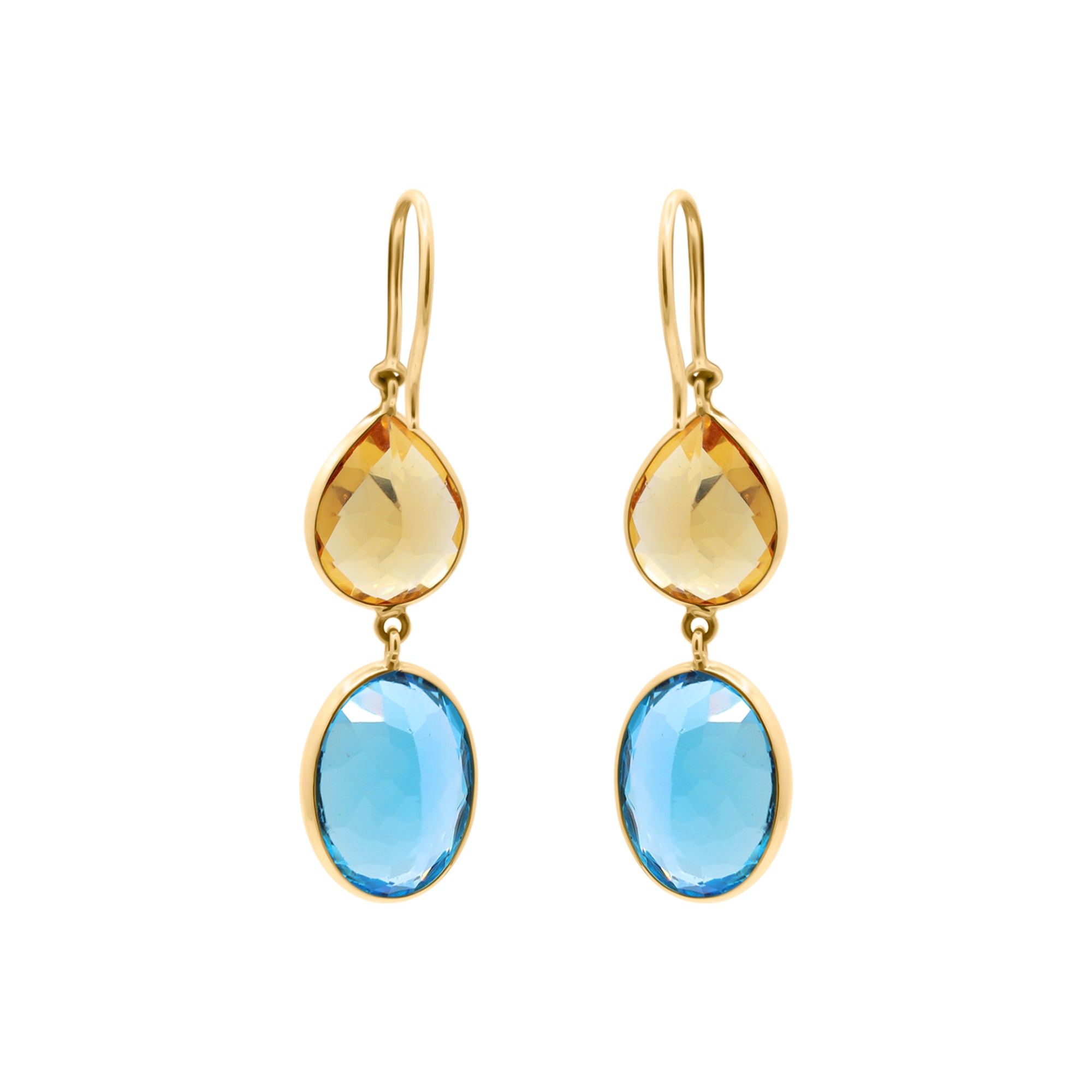 Natural Citrine And Blue Topaz Drop Gemstone Earrings In 18k Gold