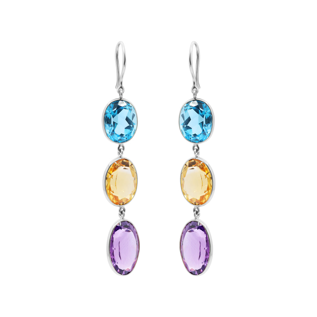 Natural Citrine, Blue Topaz And Amethyst Gemstone Dangle Earring In 18k Gold