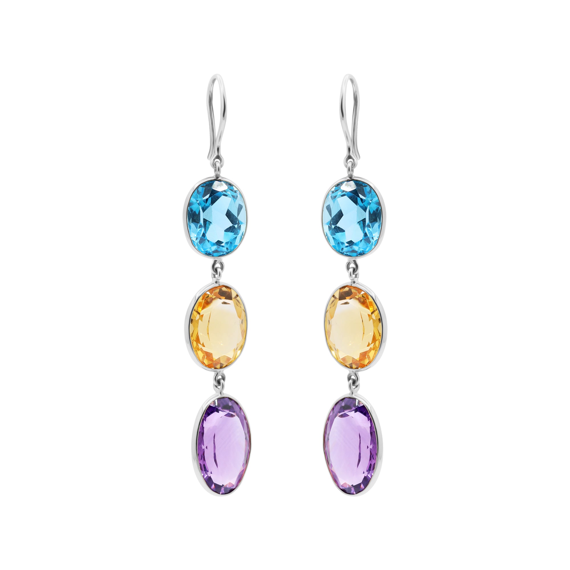 Natural Citrine, Blue Topaz And Amethyst Gemstone Dangle Earring In 18k Gold
