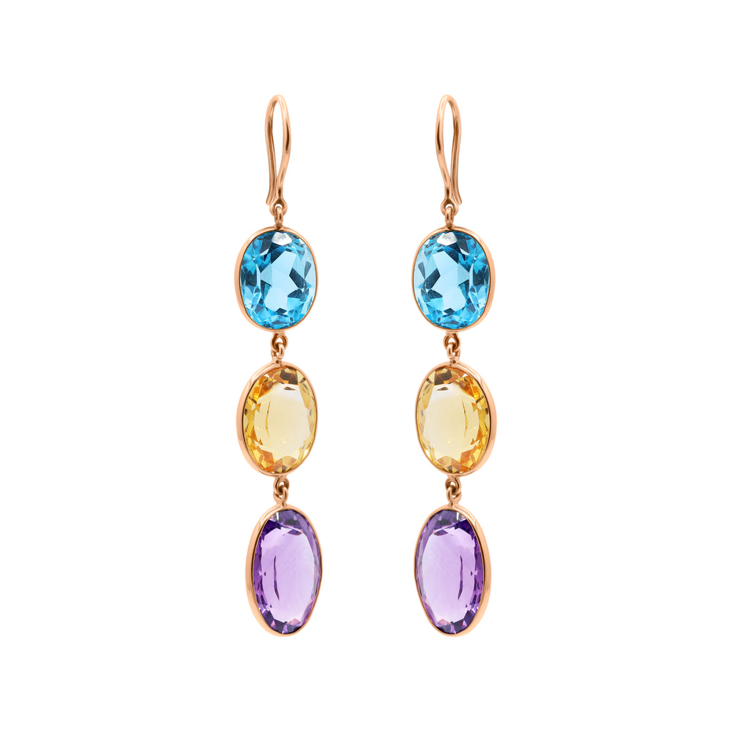 Natural Citrine, Blue Topaz And Amethyst Gemstone Dangle Earring In 18k Gold