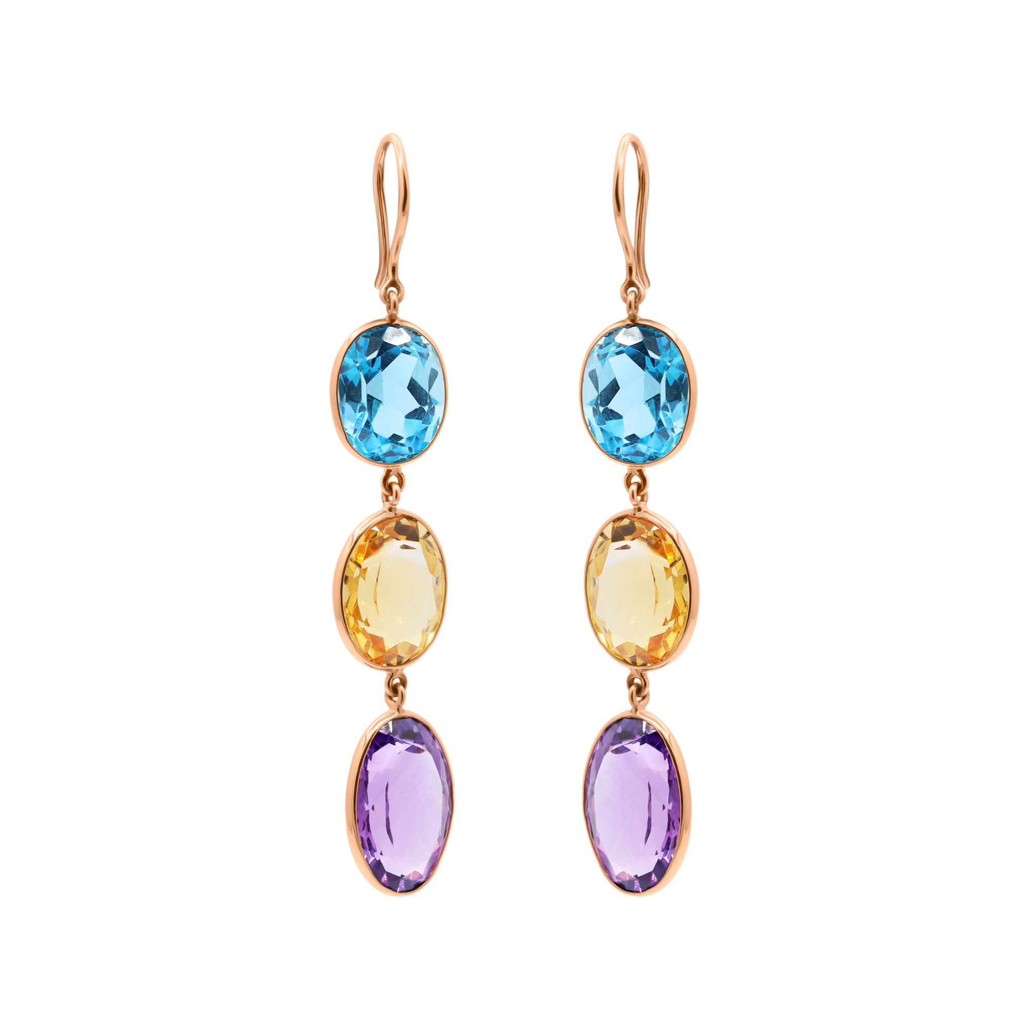 Natural Citrine, Blue Topaz And Amethyst Gemstone Dangle Earring In 18k Gold