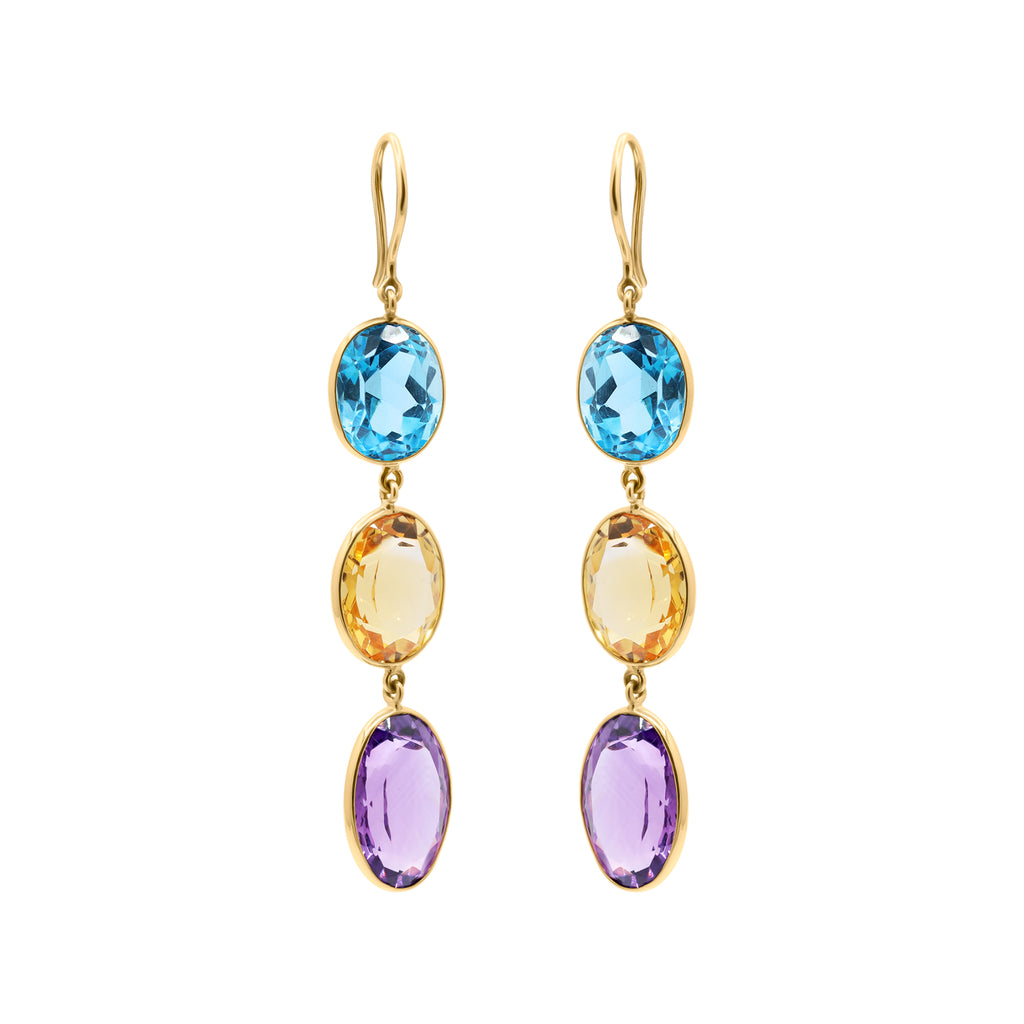 Natural Citrine, Blue Topaz And Amethyst Gemstone Dangle Earring In 18k Gold