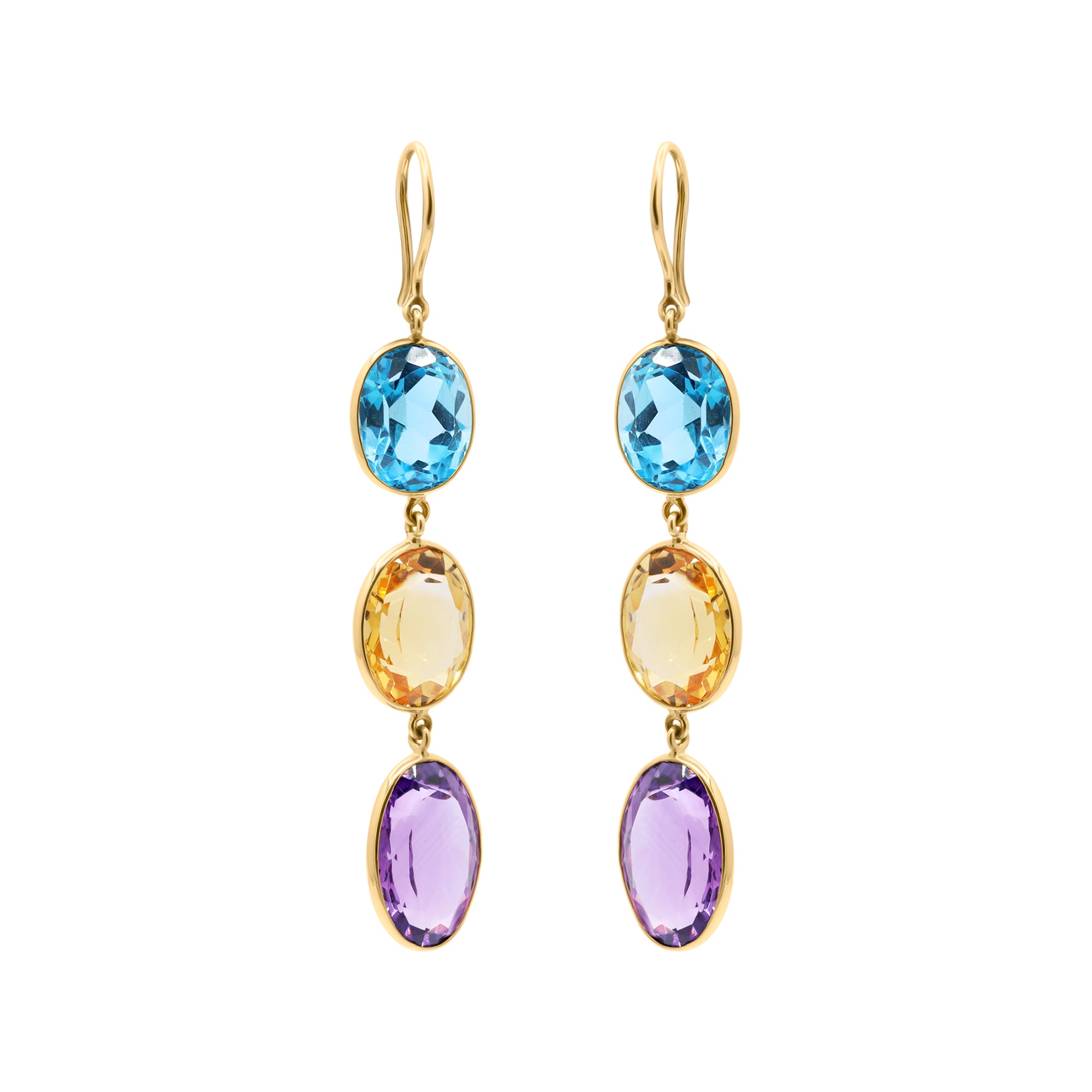 Natural Citrine, Blue Topaz And Amethyst Gemstone Dangle Earring In 18k Gold
