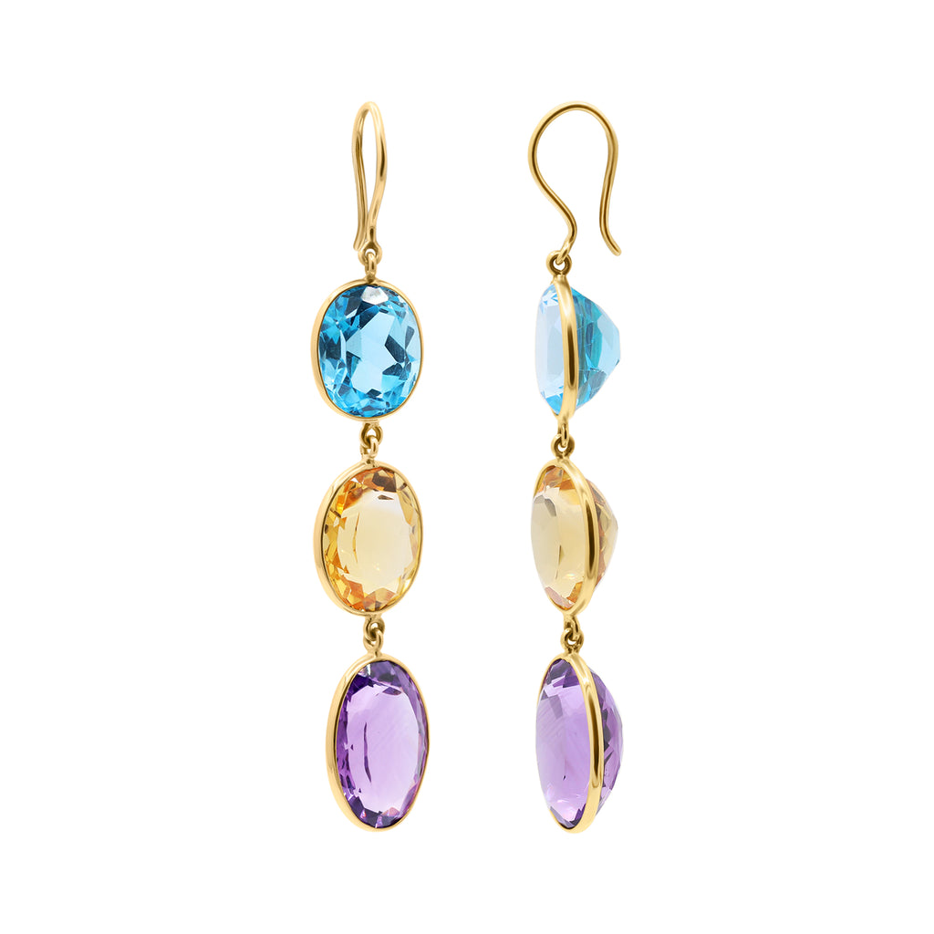 Natural Citrine, Blue Topaz And Amethyst Gemstone Dangle Earring In 18k Gold