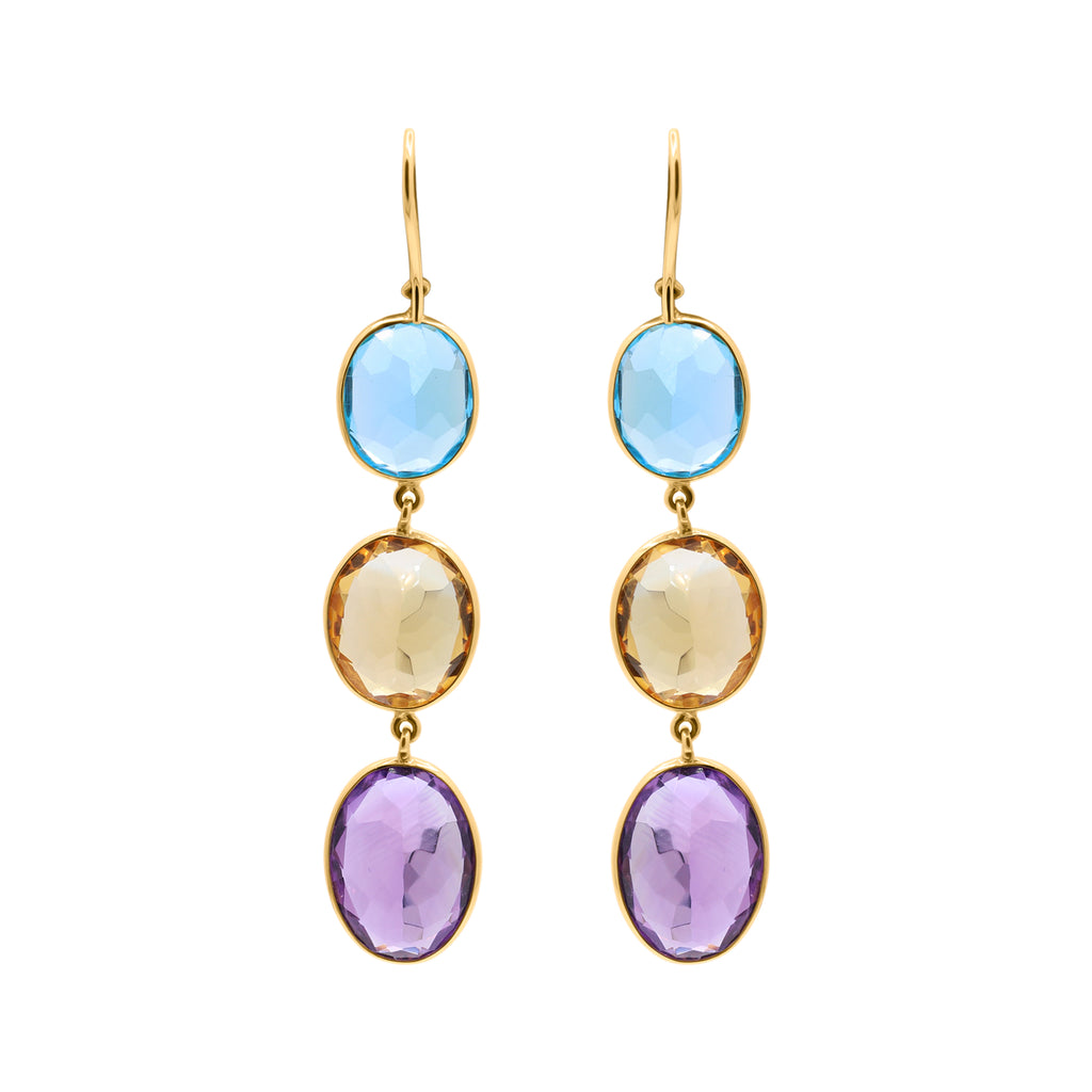 Natural Citrine, Blue Topaz And Amethyst Gemstone Dangle Earring In 18k Gold