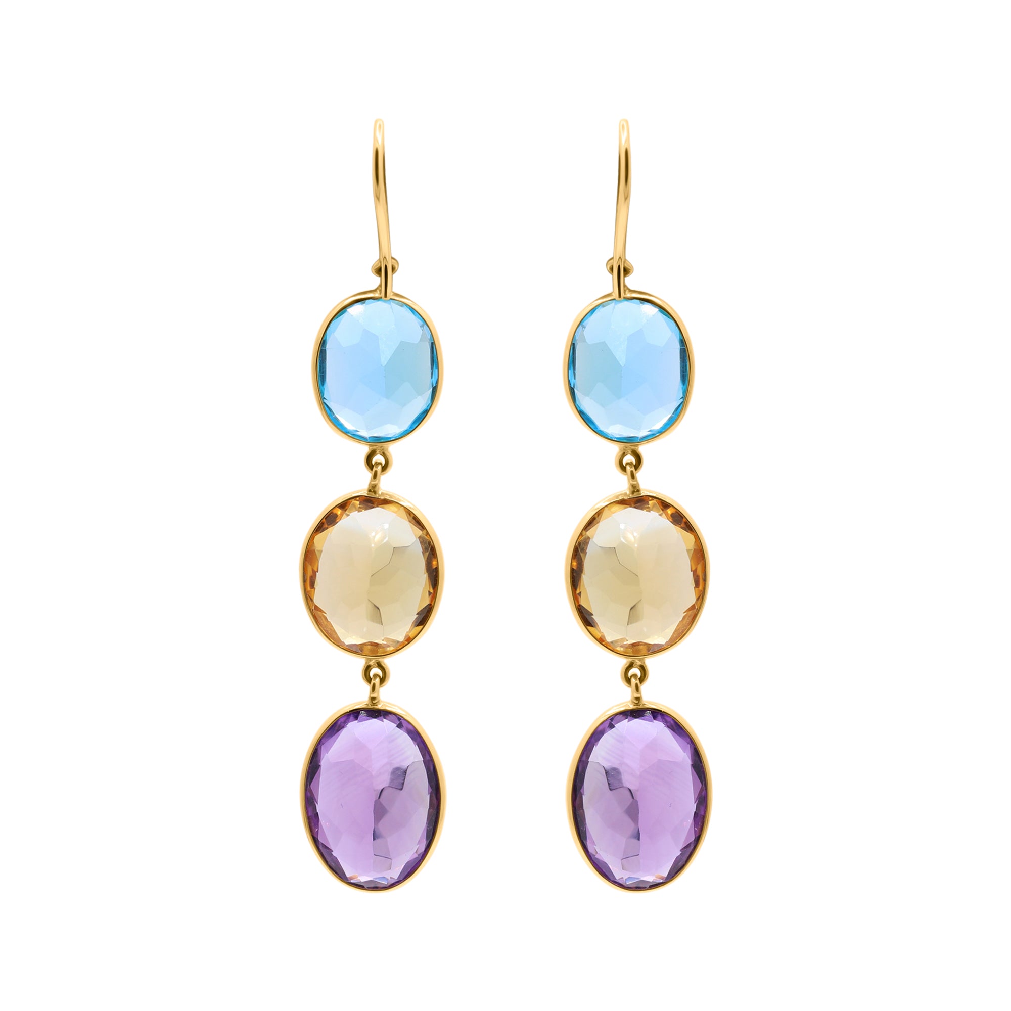 Natural Citrine, Blue Topaz And Amethyst Gemstone Dangle Earring In 18k Gold