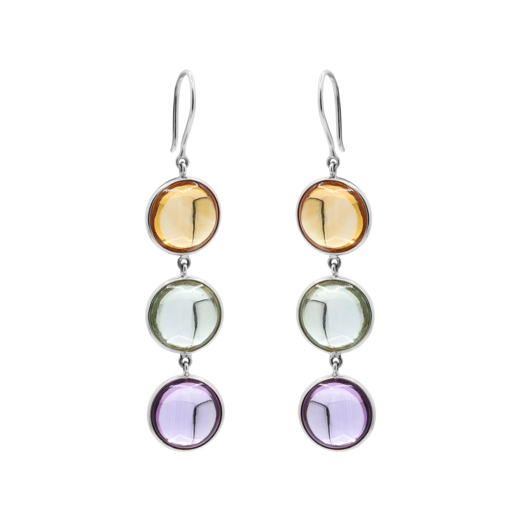 Natural Round Citrine, Green Amethyst, Amethyst Gemstone Drop Earrings In 18k Gold