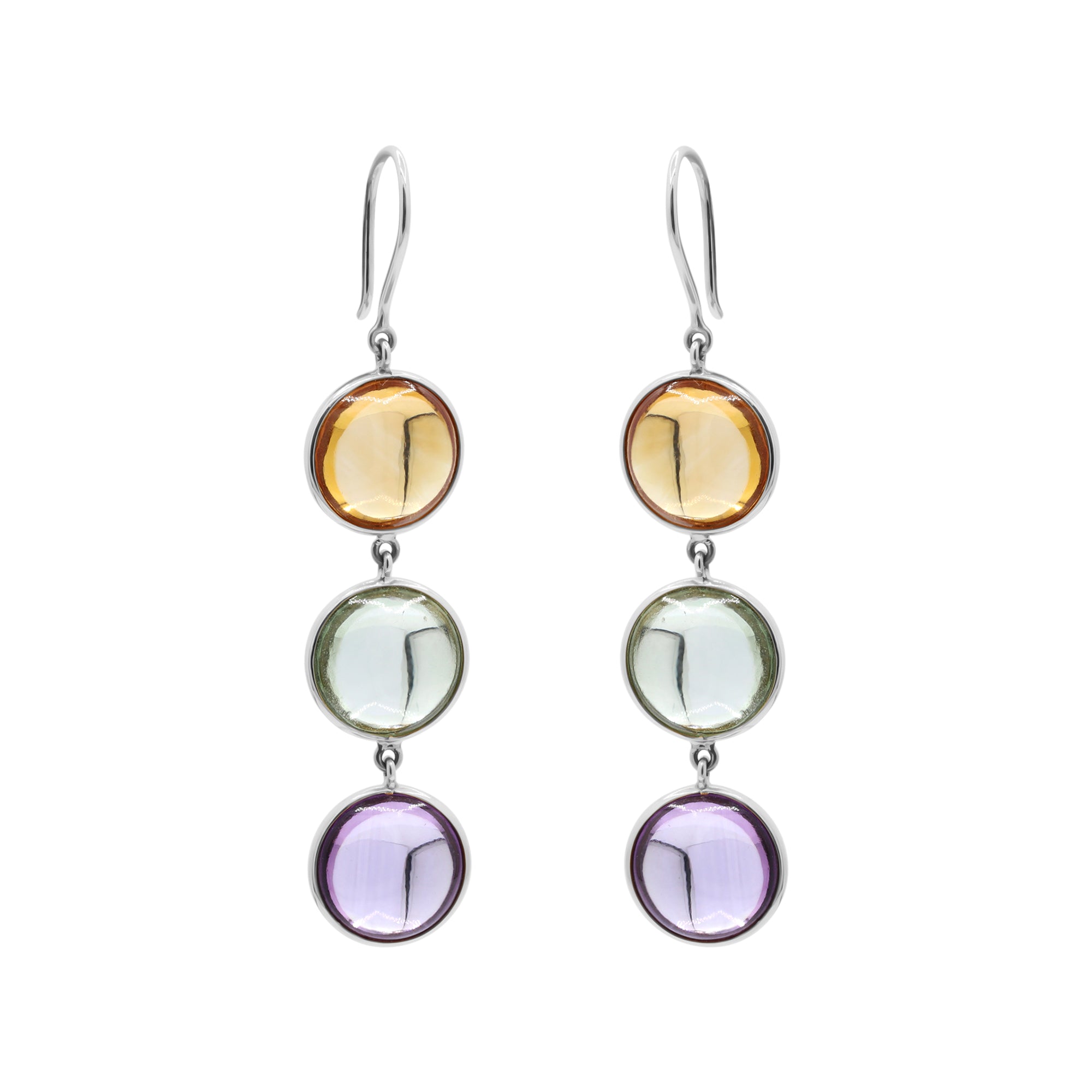 Natural Round Citrine, Green Amethyst, Amethyst Gemstone Drop Earrings In 18k Gold