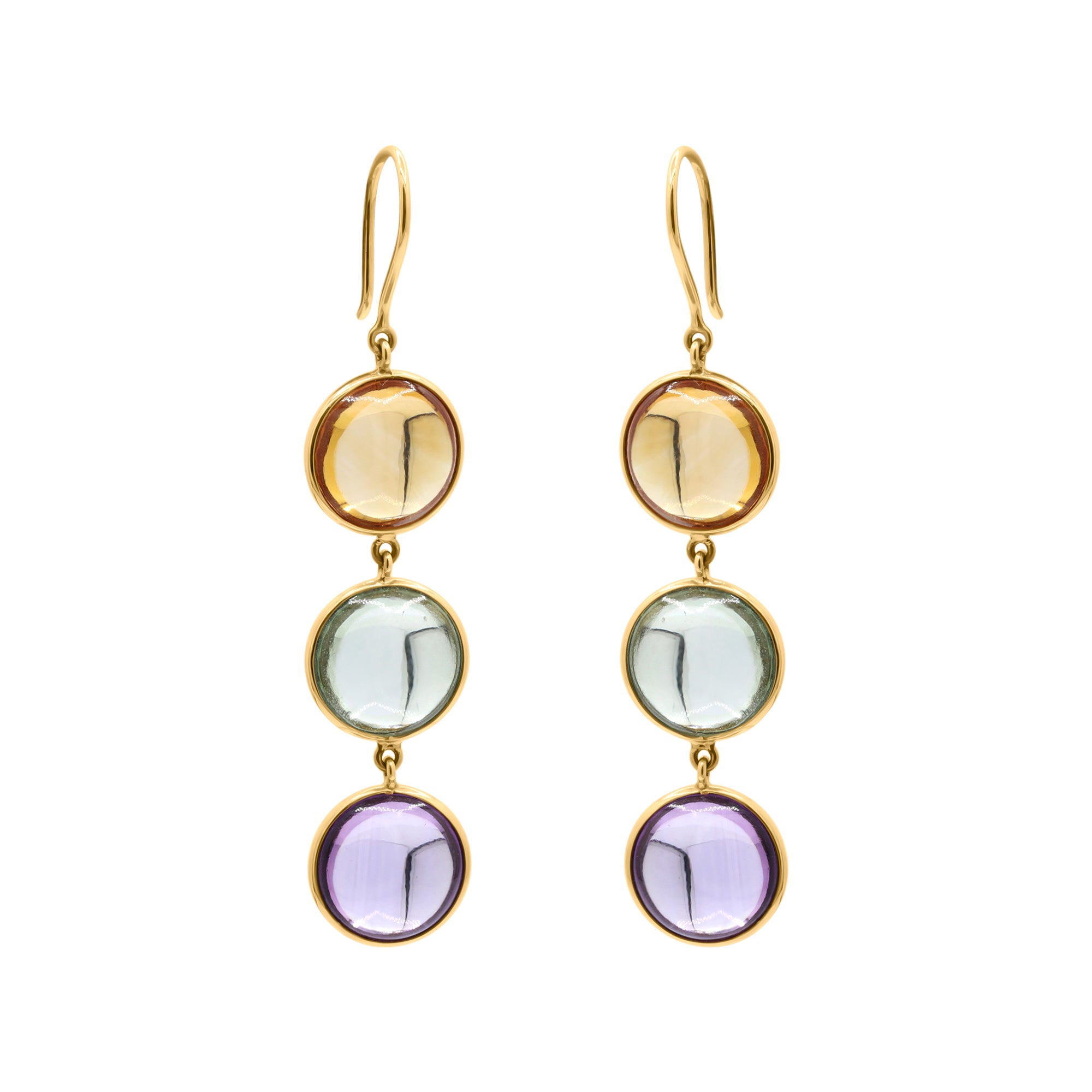 Natural Round Citrine, Green Amethyst, Amethyst Gemstone Drop Earrings In 18k Gold