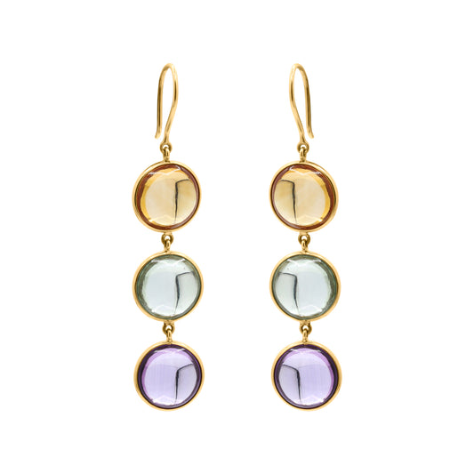 Natural Round Citrine, Green Amethyst, Amethyst Gemstone Drop Earrings In 18k Gold