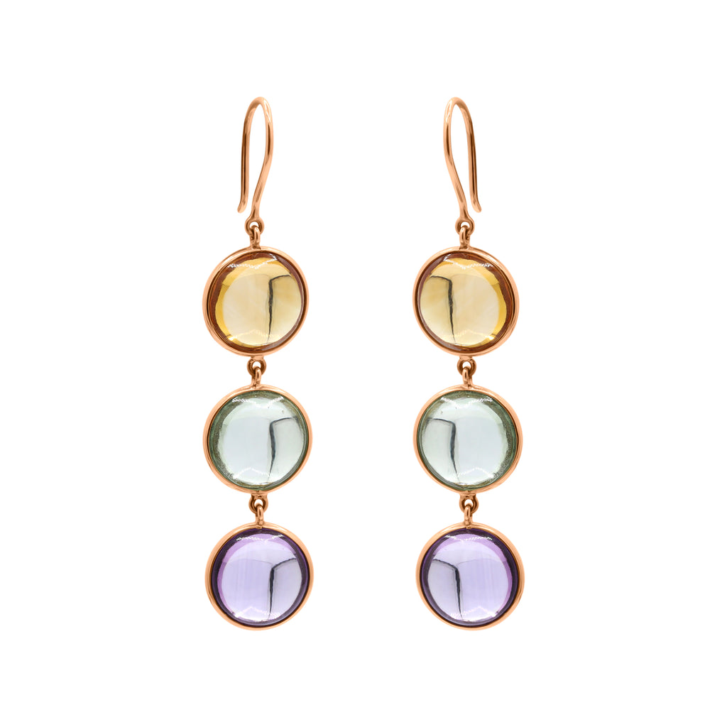 Natural Round Citrine, Green Amethyst, Amethyst Gemstone Drop Earrings In 18k Gold