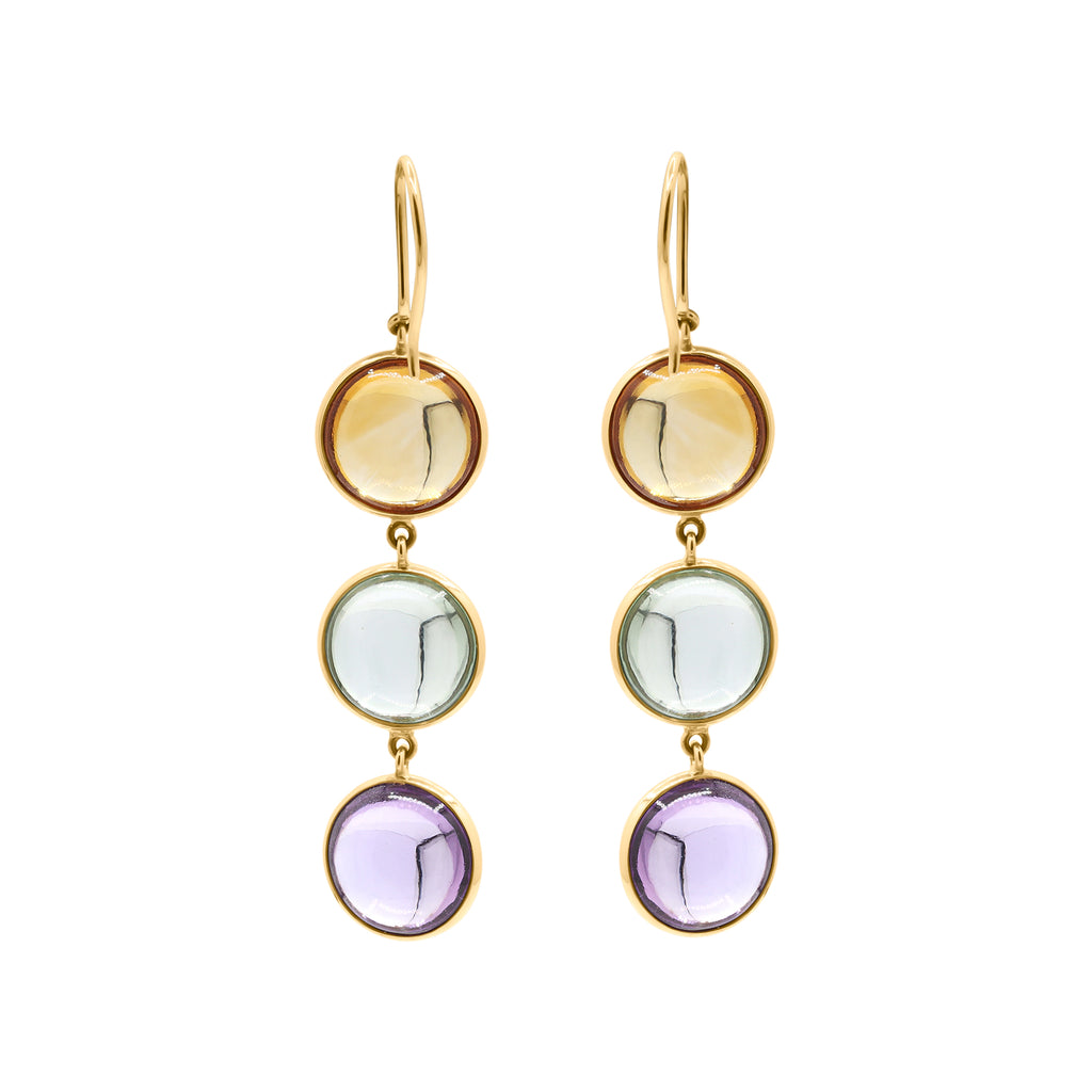 Natural Round Citrine, Green Amethyst, Amethyst Gemstone Drop Earrings In 18k Gold