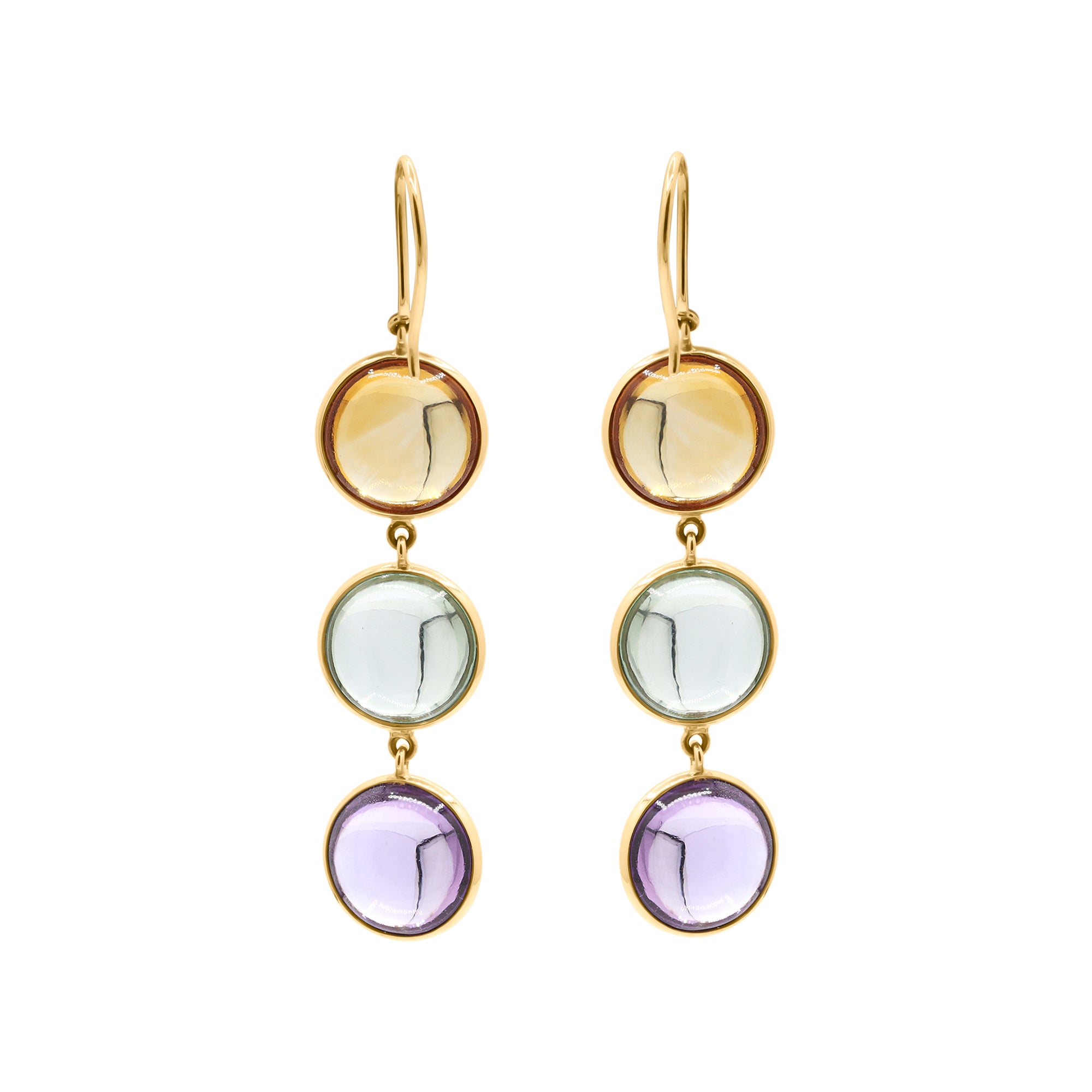 Natural Round Citrine, Green Amethyst, Amethyst Gemstone Drop Earrings In 18k Gold
