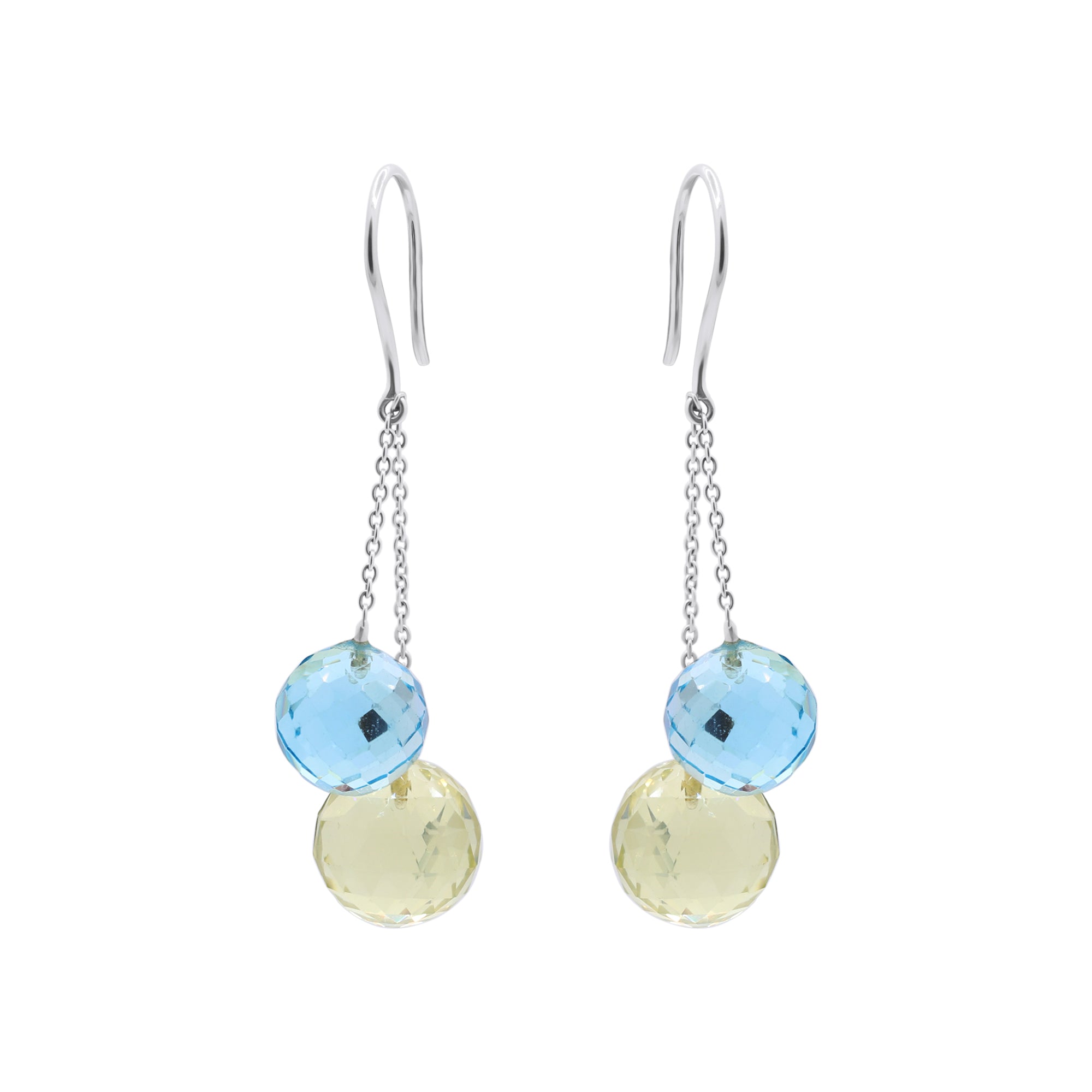 Natural Blue Topaz And Lemon Quartz Ball Shaped Gemstone Earring In 18k Yellow Gold