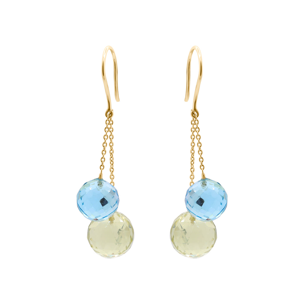 Natural Blue Topaz And Lemon Quartz Ball Shaped Gemstone Earring In 18k Yellow Gold