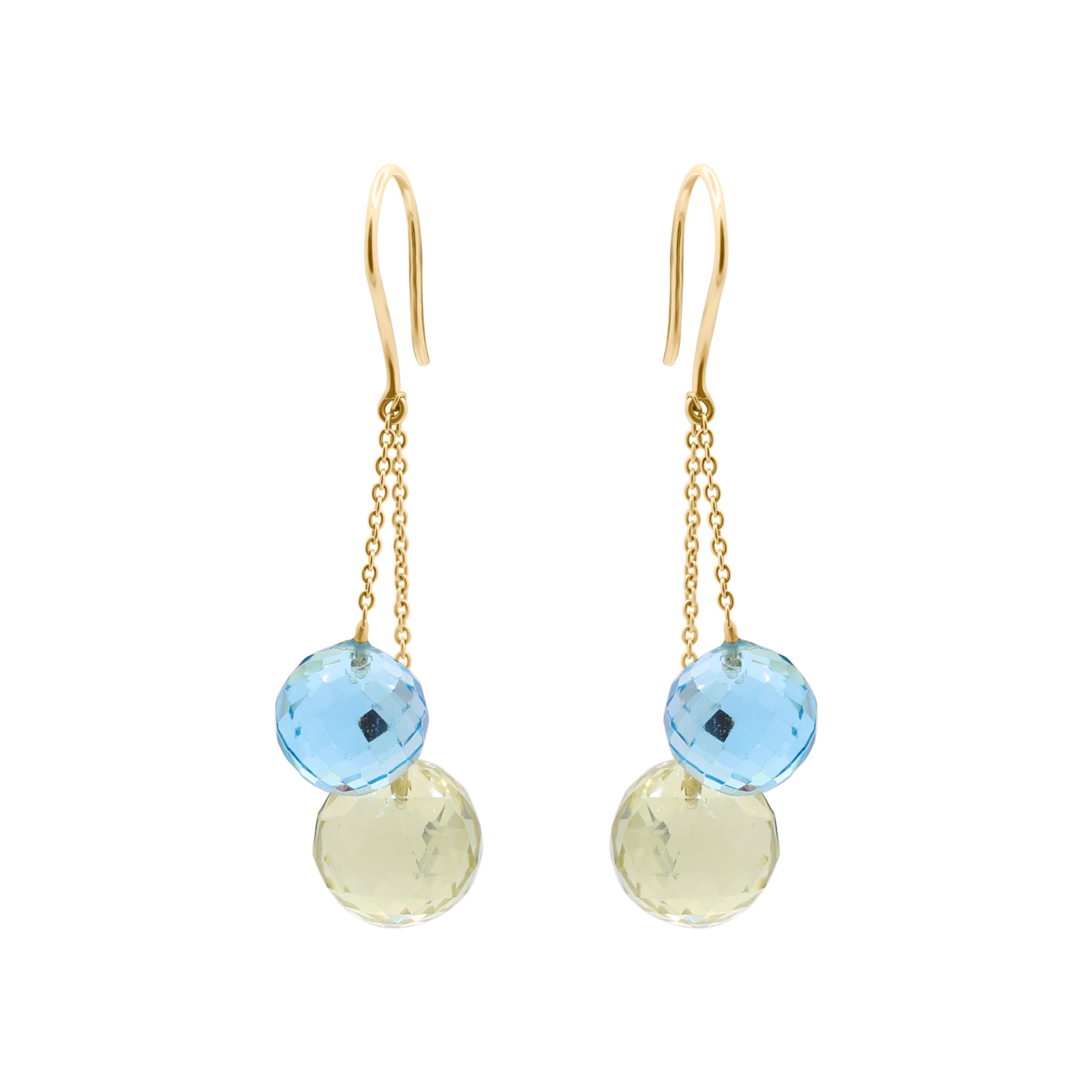 Natural Blue Topaz And Lemon Quartz Ball Shaped Gemstone Earring In 18k Yellow Gold