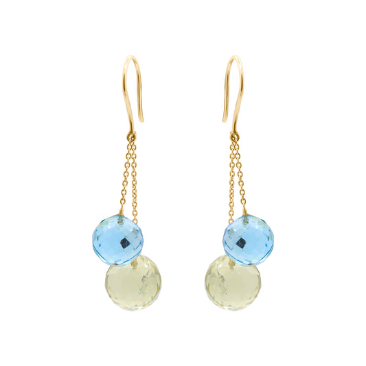 Natural Blue Topaz And Lemon Quartz Ball Shaped Gemstone Earring In 18k Yellow Gold