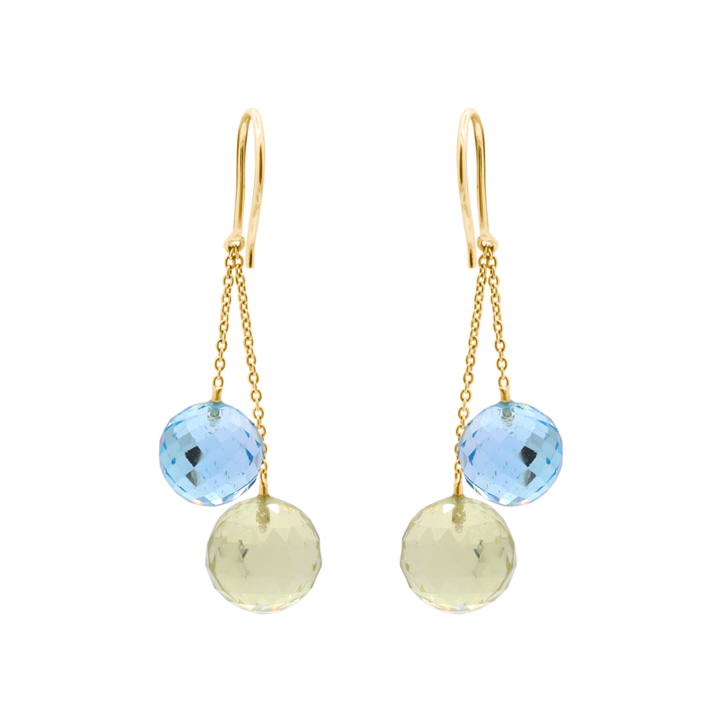 Natural Blue Topaz And Lemon Quartz Ball Shaped Gemstone Earring In 18k Yellow Gold