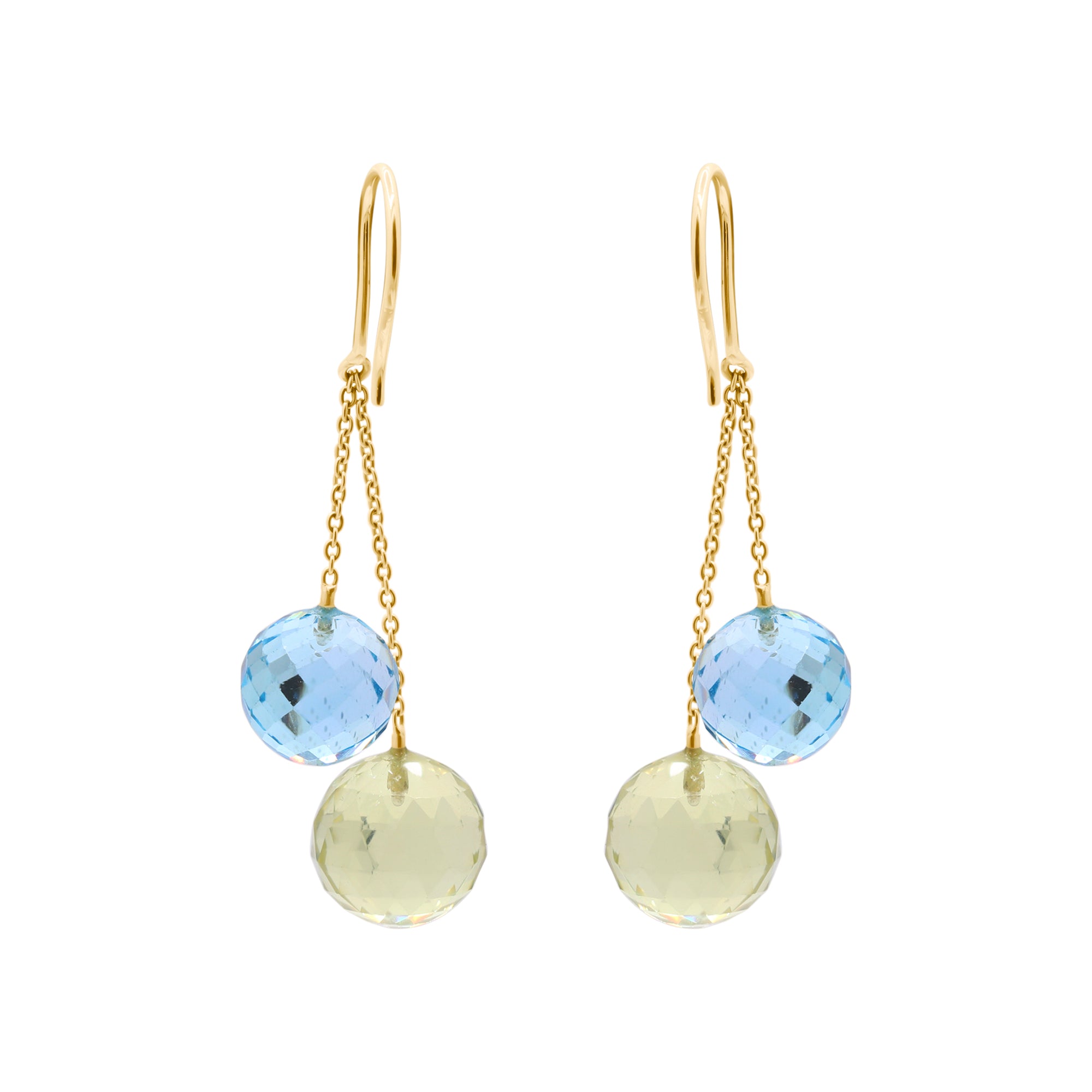 Natural Blue Topaz And Lemon Quartz Ball Shaped Gemstone Earring In 18k Yellow Gold