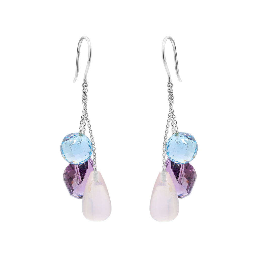 Natural Rose Quartz, Blue Topaz And Amethyst Gemstone Drop Earring In 18k Gold