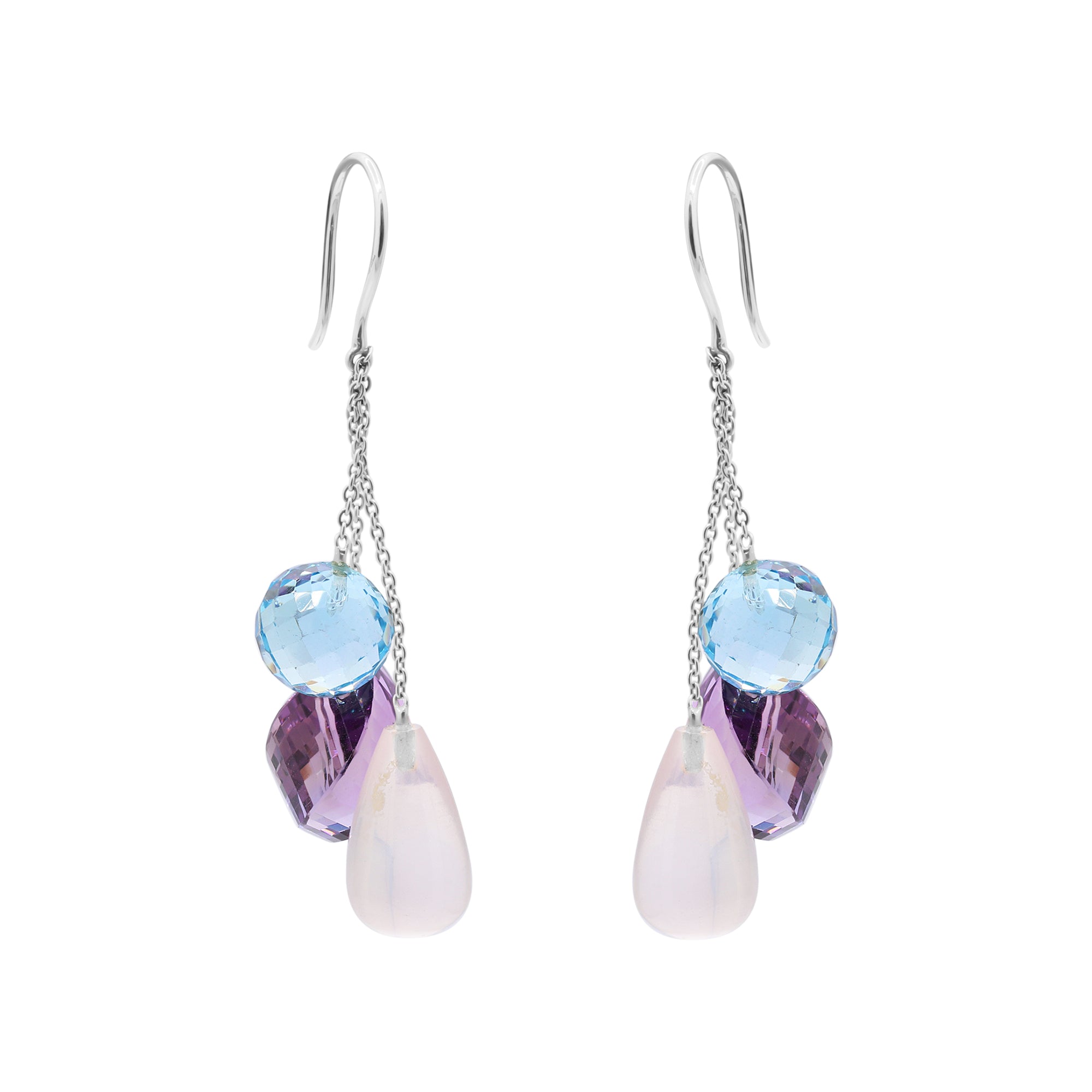 Natural Rose Quartz, Blue Topaz And Amethyst Gemstone Drop Earring In 18k Gold