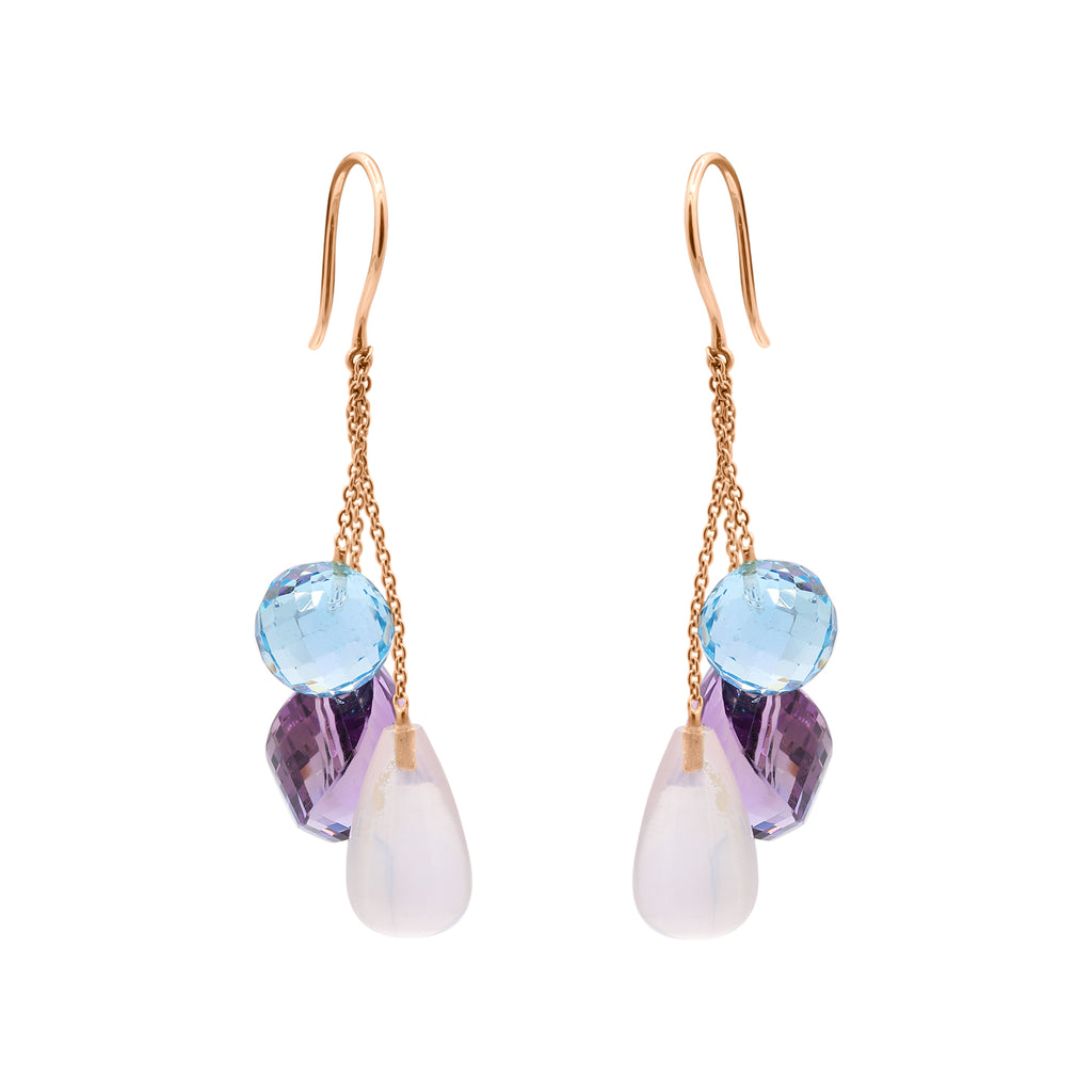 Natural Rose Quartz, Blue Topaz And Amethyst Gemstone Drop Earring In 18k Gold