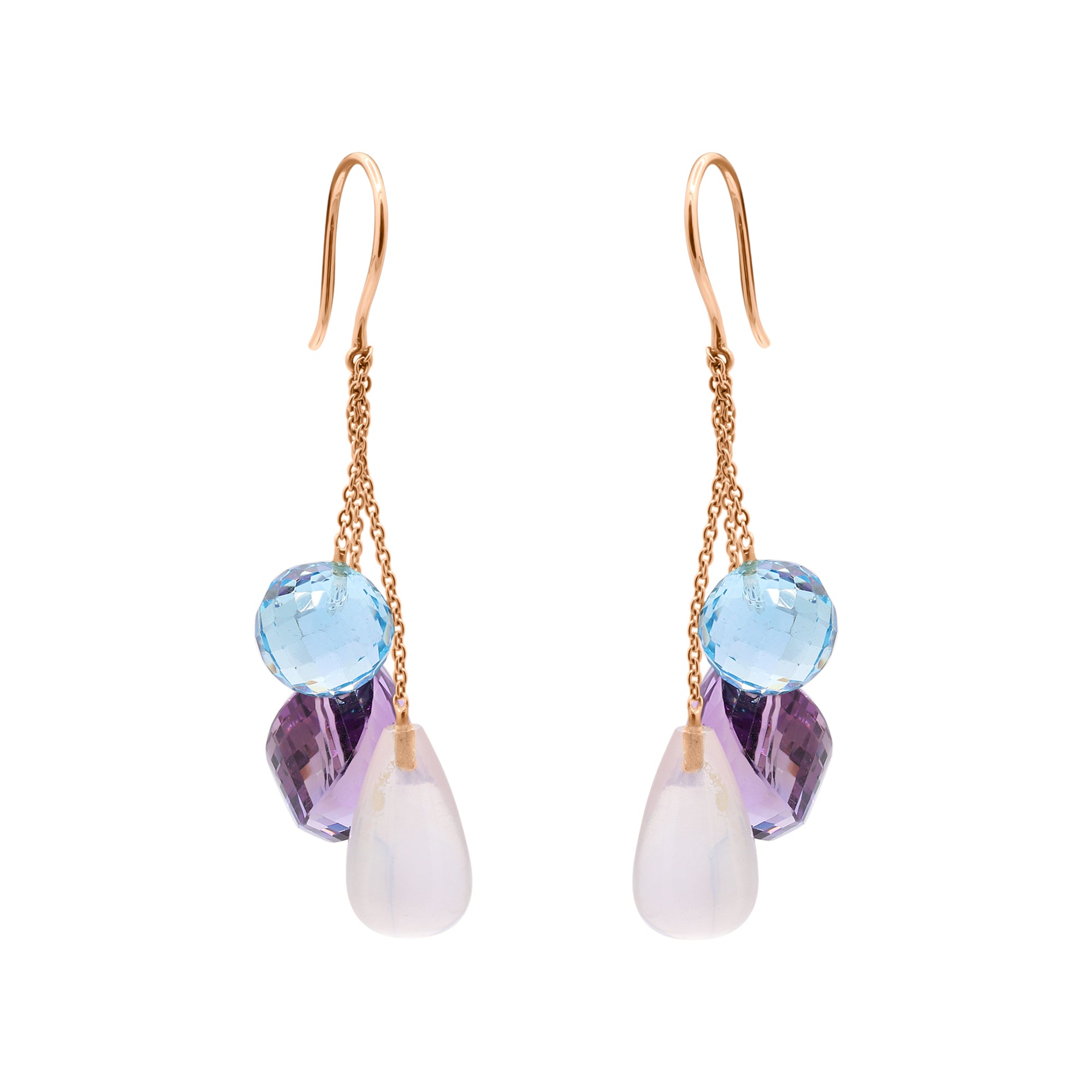 Natural Rose Quartz, Blue Topaz And Amethyst Gemstone Drop Earring In 18k Gold